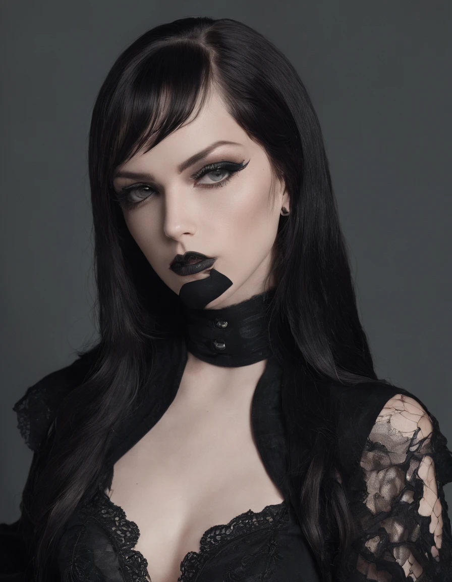 Realistic girl with black gothic costume, sexy, cabelo ruivo, pele branca, com tatuagem nos seios