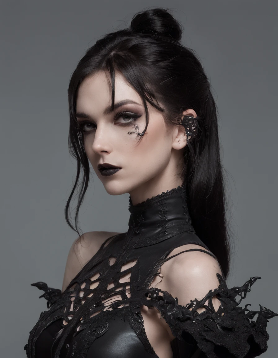 Realistic girl with black gothic costume, sexy, cabelo ruivo, pele branca, com tatuagem nos seios
