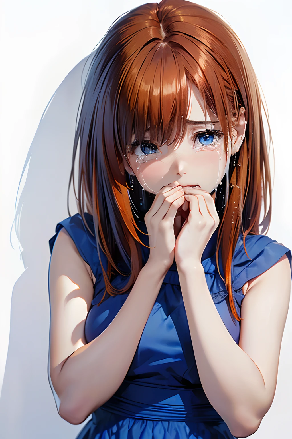 (Best Quality, 8K, Oil Painting, masutepiece:1.2), Ultra-detailed, (Realistic, Photorealistic:1.37), (((bustshot)))、(((bright orange hair)))、(((Wearing a gorgeous blue dress)))、(((upperbody shot)))、(((wearing a blue dress)))、(((20Women of a certain age)))、(((wearing a blue dress)))、 (((Vermilion hair)))、(((semi long hair)))、((( White background)))、(((Girly Hairstyles)))、(((Wearing a luxurious dress)))、(((In front of a white wall)))、(((sad Facial expression)))、(((Nothing on the top of the head)))、(((Crying)))、(((Tears are flowing down my cheeks)))、(((I'm wiping my tears with my hands)))