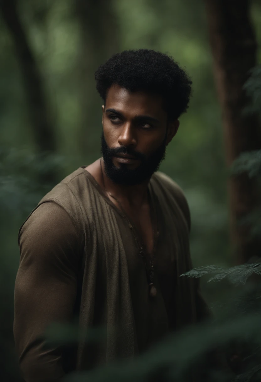 (homem negro com cabelos brancos e barba curta), (olhos brancos brilhantes), In a gloomy forest with giant trees and beings hidden among the branches, 8k, alta qualidade
