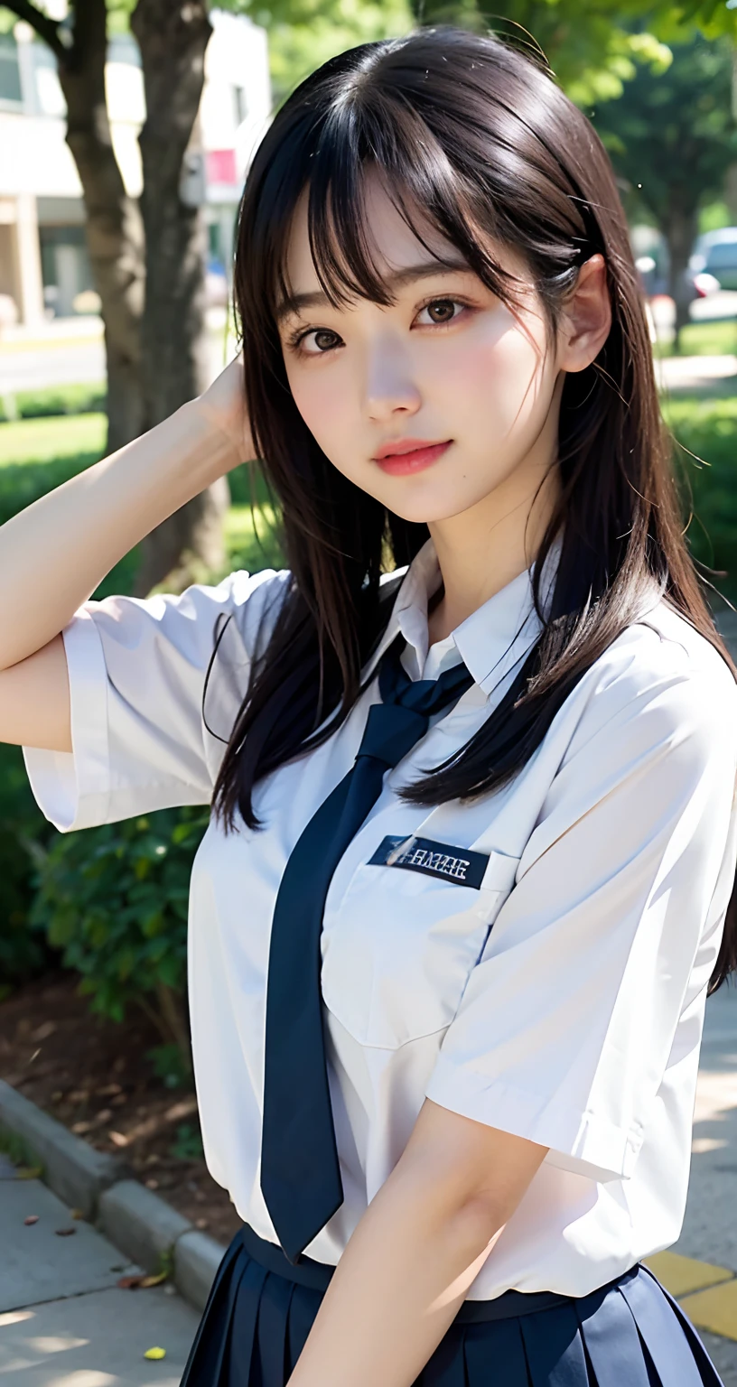 ((top-quality、​masterpiece))、Raw photography、8K、top-quality、 超A high resolution、Beautiful face in every detail、Realistic human skin、Gentle expression、front-facing view、Farbe々From an angle、realisitic、Photorealsitic、Beautie、length hair、a short skirt、Beautiful schoolgirl、Japan schoolgirl wearing uniform、Surreal High School Girl、(wrist watch)、neck tie、smil、a park、blue-sky、lawn、