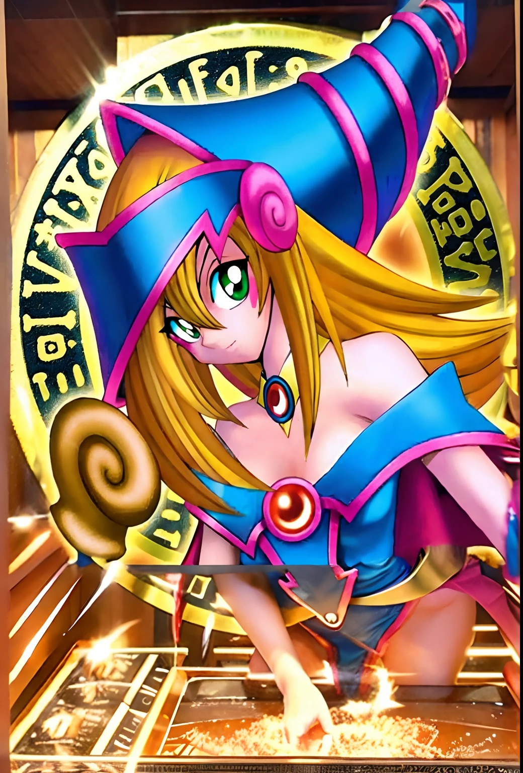 3D two-dimensional, black magic guide girl, highlight the reflective texture of clothes, smooth skin, highlight the metal texture of weapon wand, resolution HD optimization, 4K, detail optimization