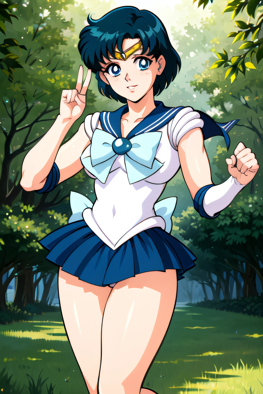 ((Full body)), ((Leg kick)), ((Fighting Pose)), Karate style , Cute nose, Perfect face, Full lips, brunette ,Nice perky breasts, Chinese ,kick , Kungfu , In nature ,Trees , High quality 8K photorealistic, diffused soft lighting, Sharp Focus, Hyper-Realism, photos realistic, very intricate, Perfect Shadow,(top-quality:1.3), (masterpiece:1.4),(Anatomically correct), (Full limbs),(complete fingers),(Precise fingertips), (Fine details),(8K),Sailor Moon!!!!!!!!, Sailor Moon Style,by Sailor Moon, Sailor Senshi Uniform,(Sailor Mercury:1.25),aqua eyes, Dark green hair, Middle hair,