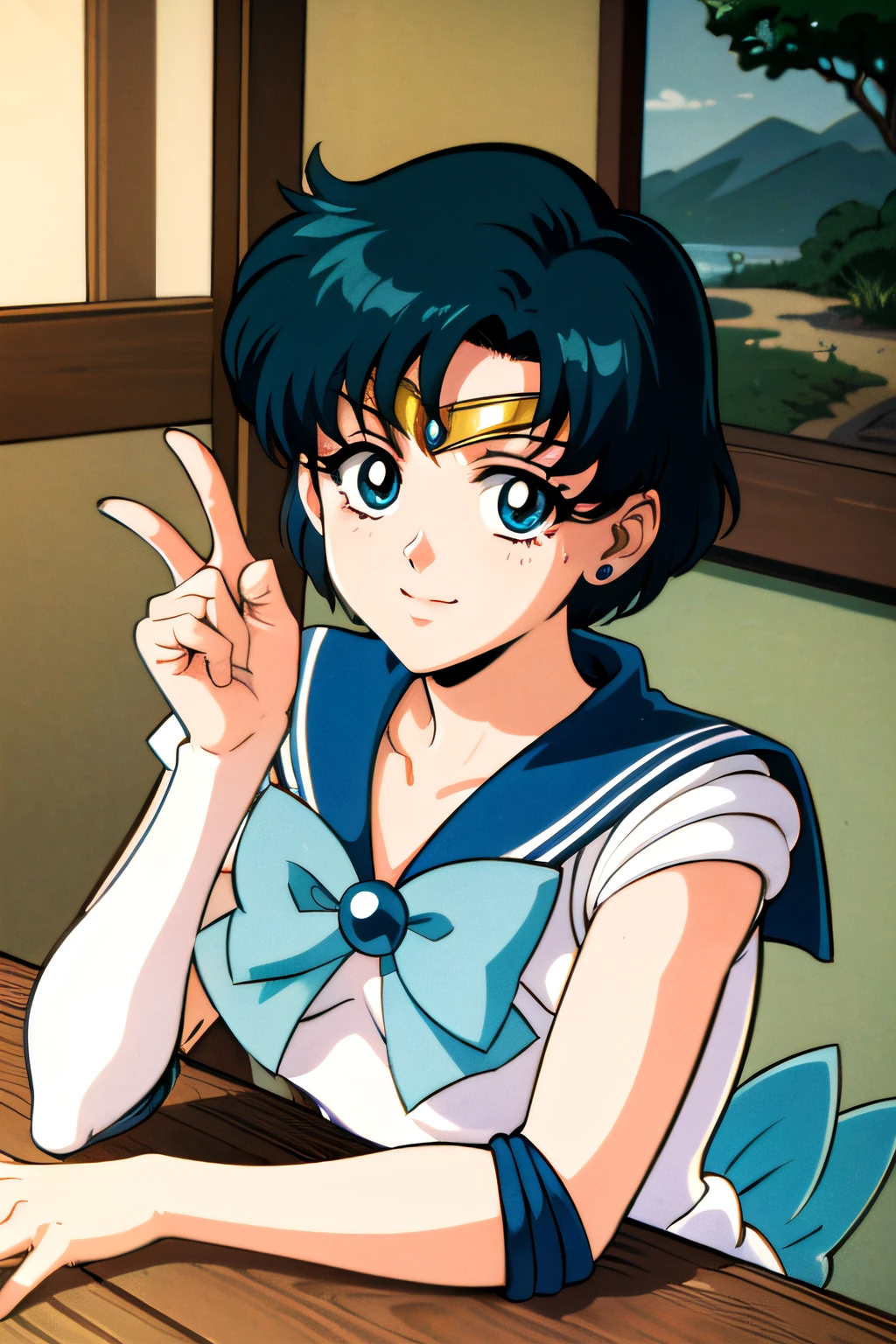 (top-quality:1.3), (masterpiece:1.4),(Anatomically correct), (Full limbs),(complete fingers),(Precise fingertips), (Fine details),(8K),Sailor Moon!!!!!!!!, Sailor Moon Style,by Sailor Moon, Sailor Senshi Uniform,(Sailor Mercury:1.25),aqua eyes, Dark green hair, Middle hair, (Photorealista:1.37),Anime-style protagonist、Scenery of the Edo period、Ukiyo-e style、