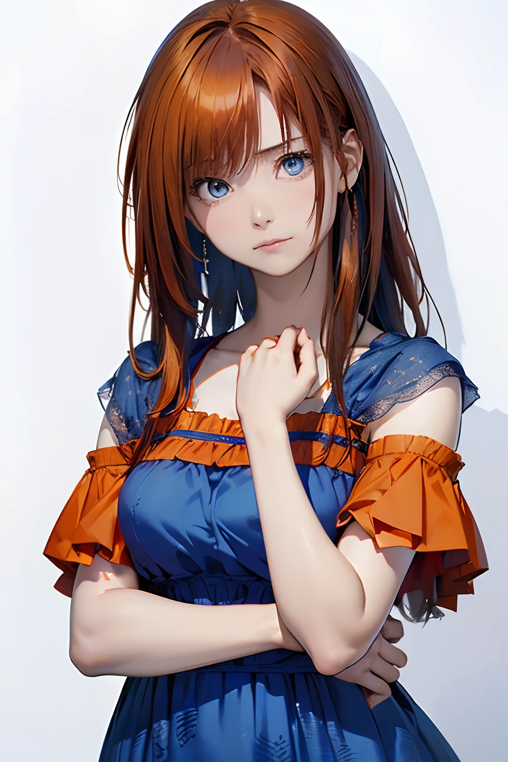 (Best Quality, 8K, Oil Painting, masutepiece:1.2), Ultra-detailed, (Realistic, Photorealistic:1.37), (((bustshot)))、(((bright orange hair)))、(((Wearing a gorgeous blue dress)))、(((upperbody shot)))、(((wearing a blue dress)))、(((２０Women of a certain age)))、(((wearing a blue dress)))、 (((Vermilion hair)))、(((semi long hair)))、((( White background)))、(((Girly Hairstyles)))、(((Wearing a luxurious dress)))、(((In front of a white wall)))、(((sad Facial expression)))、(((Nothing on the top of the head)))、(((Term drooping)))、(((sighing)))、(((A negative aura is emitted)))