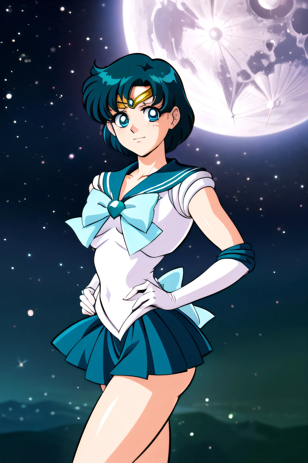 (top-quality:1.3), (​masterpiece:1.4),(Anatomically correct), (Full limbs),(complete fingers),(Precise fingertips), (Fine details),(8K),Sailor Moon!!!!!!!!, Sailor Moon Style,by Sailor Moon, Sailor Senshi Uniform,(Sailor Mercury:1.25),aqua eyes, Dark green hair, Middle hair, (Photorealista:1.37),Woman with glowing blue-green eyes,rainbow-colored hair,Cast glowing spells,mystical forest,enchanting atmosphere,Vibrant colors,Soft lighting