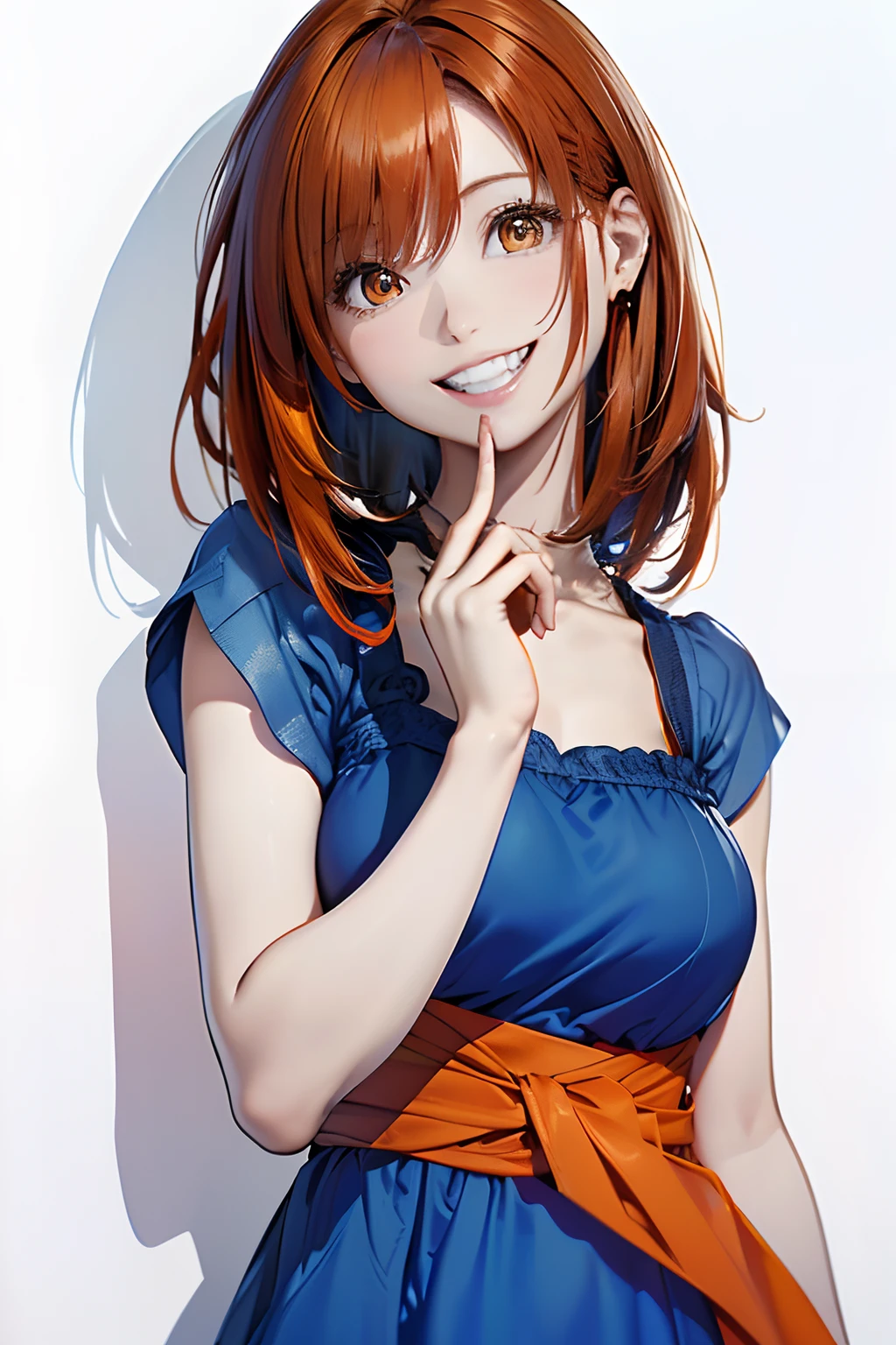 (Best Quality, 8K, Oil Painting, masutepiece:1.2), Ultra-detailed, (Realistic, Photorealistic:1.37), (((bustshot)))、(((bright orange hair)))、(((Wearing a gorgeous blue dress)))、(((upperbody shot)))、(((wearing a blue dress)))、(((20Women of a certain age)))、(((wearing a blue dress)))、 (((Vermilion hair)))、(((semi long hair)))、((( White background)))、(((Girly Hairstyles)))、(((Wearing a luxurious dress)))、(((In front of a white wall)))、(((A smile)))、(((Nothing on the top of the head)))、(((Good morning greetings)))、(((Holding up your hand)))、(((Big mouth open)))、(((White teeth are visible)))