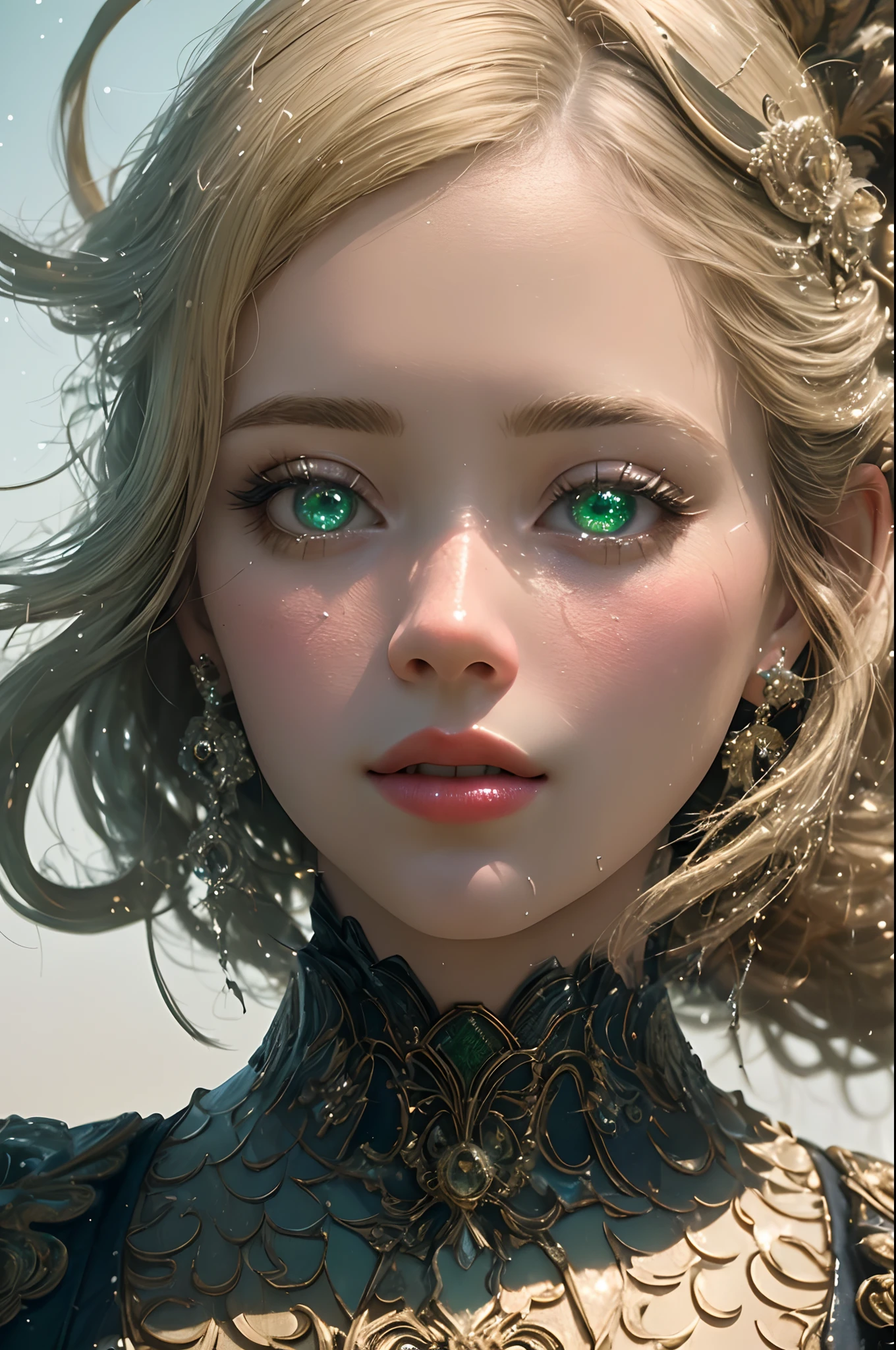 Immerse yourself in the elegance and sophistication of a beautiful blonde girl with sparkling green eyes captivating. Use 3D and 8K Octane display to create a highly realistic depiction of her detailed face. Intricate fine details and seamless display style, Along with Studio De Cinematic Lighting, This artwork will make a real masterpiece. Be ready to splash on ArtStation as you become a leader in the digital art community.