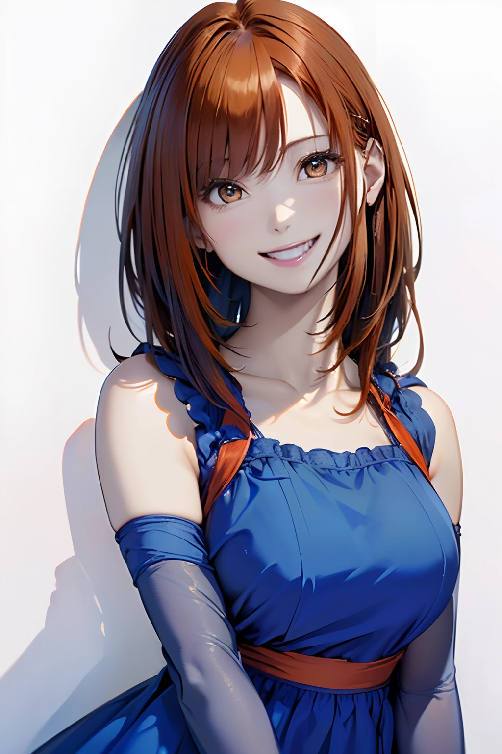 (Best Quality, 8K, Oil Painting, masutepiece:1.2), Ultra-detailed, (Realistic, Photorealistic:1.37), (((bustshot)))、(((bright orange hair)))、(((Wearing a gorgeous blue dress)))、(((upperbody shot)))、(((wearing a blue dress)))、(((２０Women of a certain age)))、(((wearing a blue dress)))、 (((Vermilion hair)))、(((semi long hair)))、((( White background)))、(((Girly Hairstyles)))、(((Wearing a luxurious dress)))、(((In front of a white wall)))、(((A smile)))、(((Nothing on the top of the head)))、(((Looks fun)))、(((Big mouth open)))、(((White teeth are visible)))