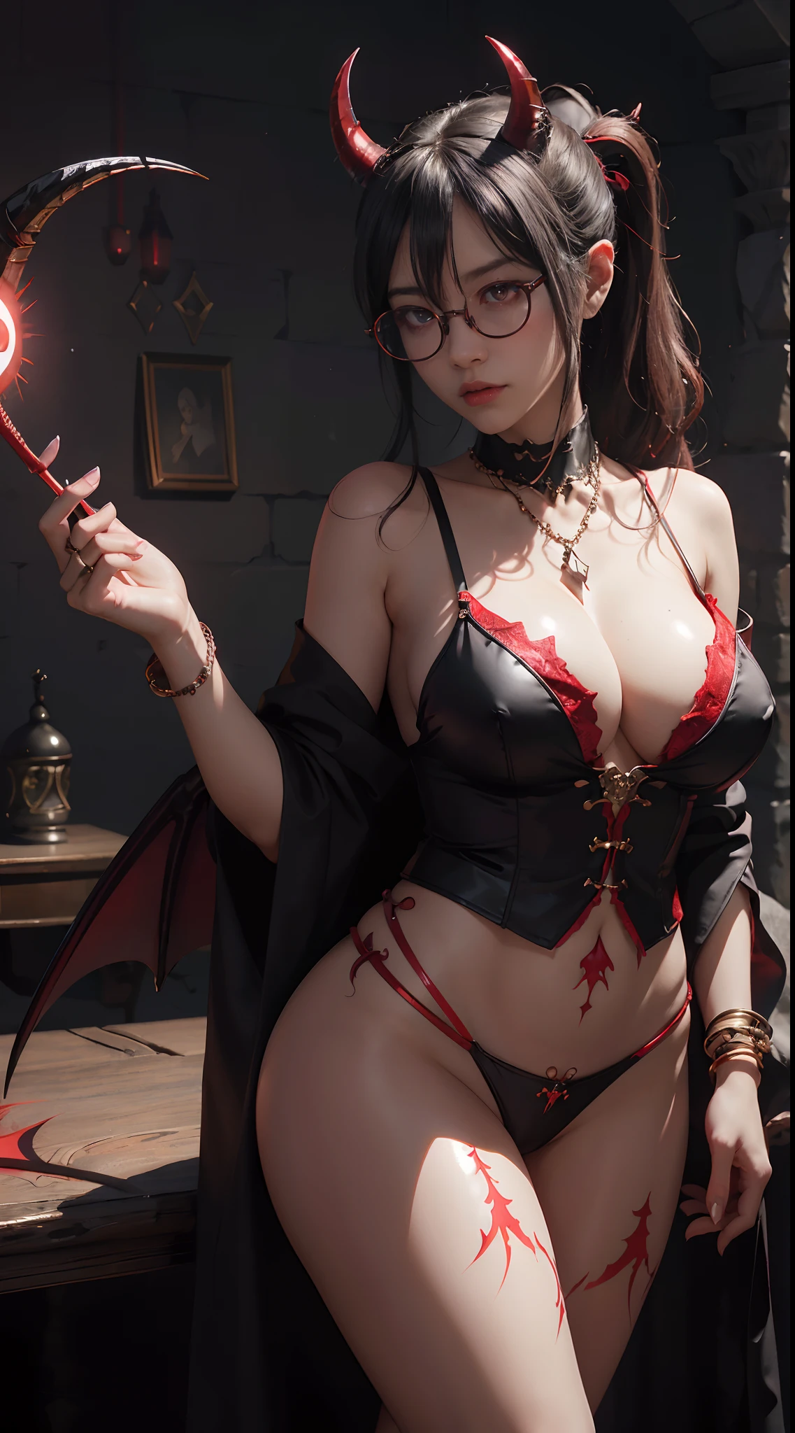 Fine、(The best illustrations)、8k UHD resolution、intricate-detail、top-quality、realisitic、ultra-detailliert、The best lighting、Best Shadows、Soft lighting、Ulutra HD、Dungeon、The dragon、caves、Dungeon、 Evil Nun、A Necromancer、natta、Dark style、Succubus、Devil's Daughter、Umi Shinonome、Bat Wings，(((Demon Horns)))、((((black-rimmed round glasses))))、(((Colossal tits)))、(Devil's Tail)、(red eyes glowing:1.6)、​masterpiece、beautiful countenance、Tindall Effect、photos realistic、(High Detail Skins:1.2)、8KUHD、Digital SLR、hightquality、a picture、hight resolution、 absurderes、Ponytail distortion、best ratio four finger and one thumb、女の子1人、hair adornments、Red sparkling gemstone necklace、jewely、Beautiful expression、Body Up、Large breasts emphasis、Toned waist、Wide buttocks、Tindall Effect、Photorealsitic、(High Detail Skins:1.2)、