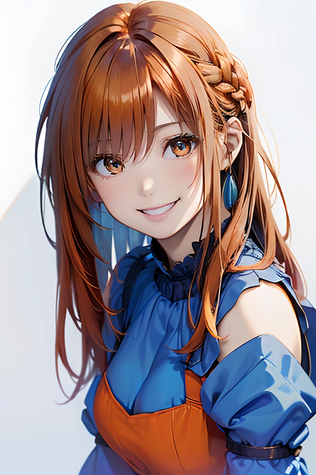 (Best Quality, 8K, Oil Painting, masutepiece:1.2), Ultra-detailed, (Realistic, Photorealistic:1.37), (((bustshot)))、(((bright orange hair)))、(((Wearing a gorgeous blue dress)))、(((upperbody shot)))、(((wearing a blue dress)))、(((２０Women of a certain age)))、(((wearing a blue dress)))、 (((Vermilion hair)))、(((semi long hair)))、((( White background)))、(((Girly Hairstyles)))、(((Wearing a luxurious dress)))、(((In front of a white wall)))、(((A smile)))、(((Nothing on the top of the head)))、(((Looks fun)))、(((Big mouth open)))、(((White teeth are visible)))
