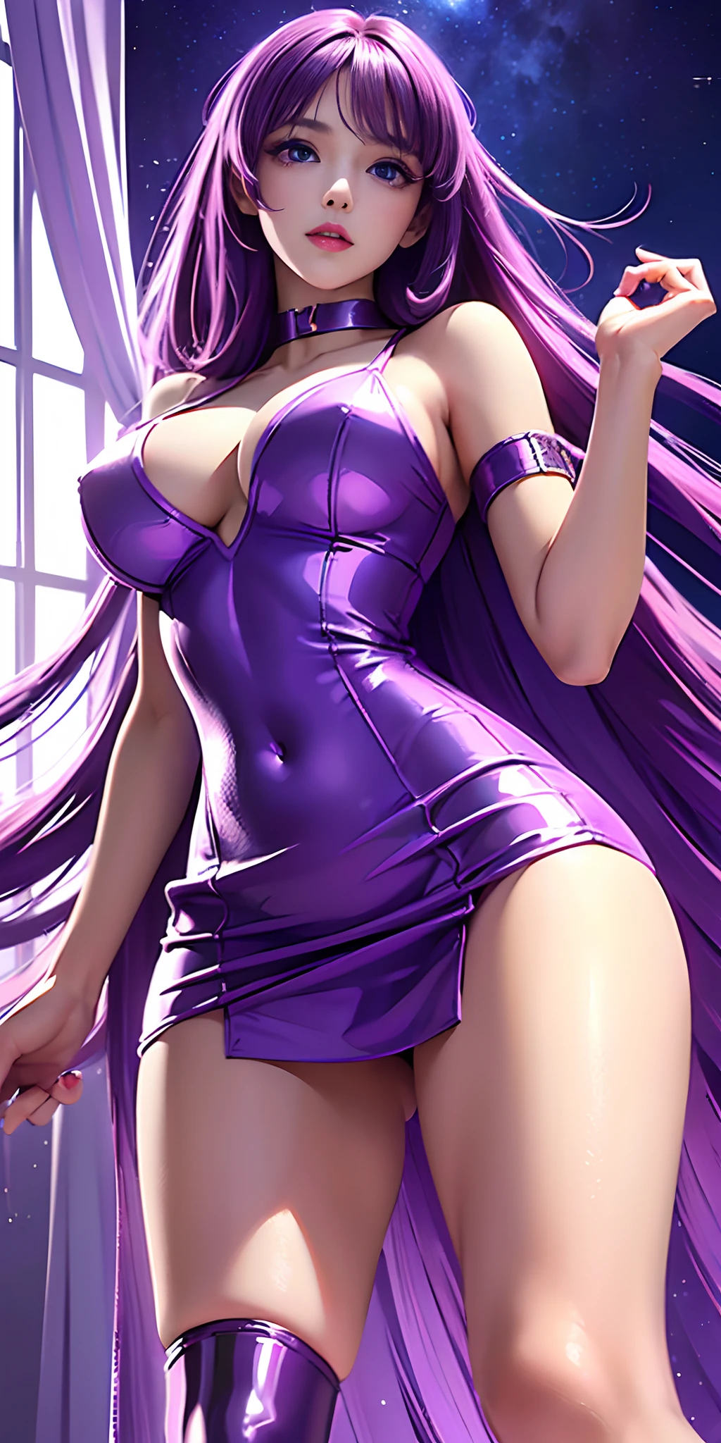 (( best resolution, best quality , nonsense, masterpiece))Kido_Saori, 1 girl,25 years old,standing, solo, huge breasts, skin tight mini dress, masterpiece, best quality, detailed face, detailed eyes, high resolution , long purple hair , expressive and sparkling blue eyes,upskirt,low camera angle