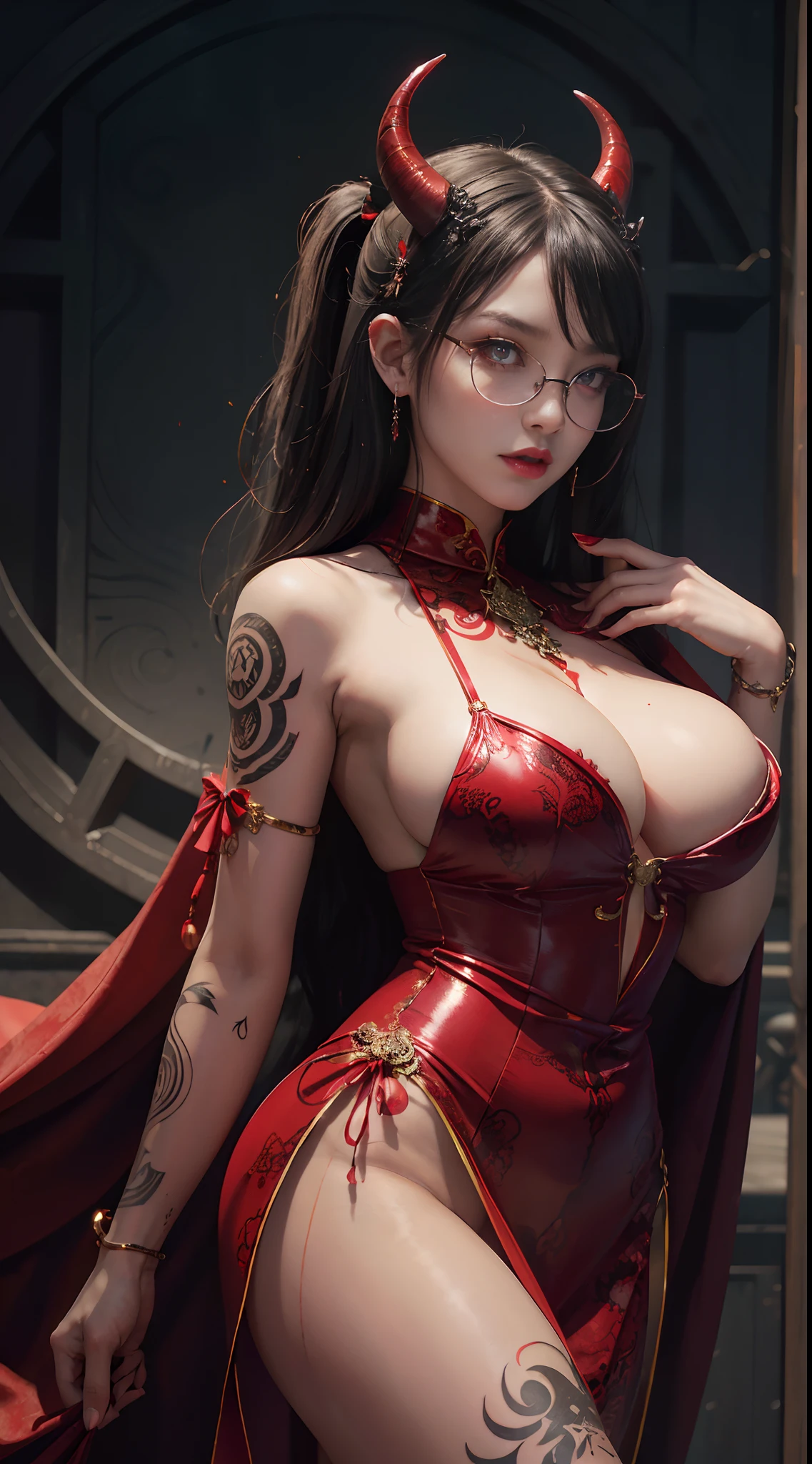 Fine、(The best illustrations)、8k UHD resolution、intricate-detail、top-quality、realisitic、ultra-detailliert、The best lighting、Best Shadows、Soft lighting、Ulutra HD、1 beautiful devil woman from hell, surreal female portraits by David Hockney and Alphonse Mucha, Portrait of a seductive woman、Fantasy Art, Chinese Doll、Dungeon、The dragon、Devil's Palace、Devil's Torture Chamber、magia、 Evil Nun、Dark Necromancer、natta、Dark style、Succubus、Devil's Daughter、Umi Shinonome、Bat Wings,(((Demon Horns)))、((((black-rimmed round glasses))))、(((Colossal tits)))、(Devil's Tail)、(red eyes glowing:1.6)、 intricate tattoos, demonic intricate tattoos, thigh tattoos, body tattoos, masterpiece、beautiful countenance、a baby face、Muscular seductive body、The enchanting body of the devil、Chinese actress、Seductive Black Magic Costume、(((A shiny red snake is wrapped around her body)))、Tindall Effect、photos realistic、(High Detail Skins:1.2)、 (Intricate details, makeup, pureerosface_v1:0.5), (Detailed beautiful delicate face, Detailed beautiful delicate eyes, A perfectly proportioned face, High detailed skin, Detailed skin, best ratio four finger and one thumb, arms below breasts, Tattoo with a red glow under the stomach、Awesome awesome, wide hips, smooth midriff, skiny and thin, __Fashion__, __hair__:1.25)、Digital SLR、hightquality、a picture、hight resolution、 absurderes、Ponytail distortion、1人、Red sparkling gemstone necklace、jewely、Beautiful expression、Body Up、Large breasts emphasis、Toned waist、Wide buttocks、Devil's Tail、intricate tattoos, demonic intricate tattoos, thigh tattoos, body tattoos, effect、Photorealsitic、(High Detail Skins:1.2)、In the Dark, lowkey, cowboy lens, (red phoenix dress: 1.0), Seductive Black Magic Costume、Long hair, Black hair, Bust, Devil's Palace, devil crown, red eyes make up very sharp and detailed, The most beautiful face, Super tight breasts, Breast augmentation surgery, The breasts are very big and round and round, Black magic costume、Super realistic , Charming smile,a baby face、 The eyes