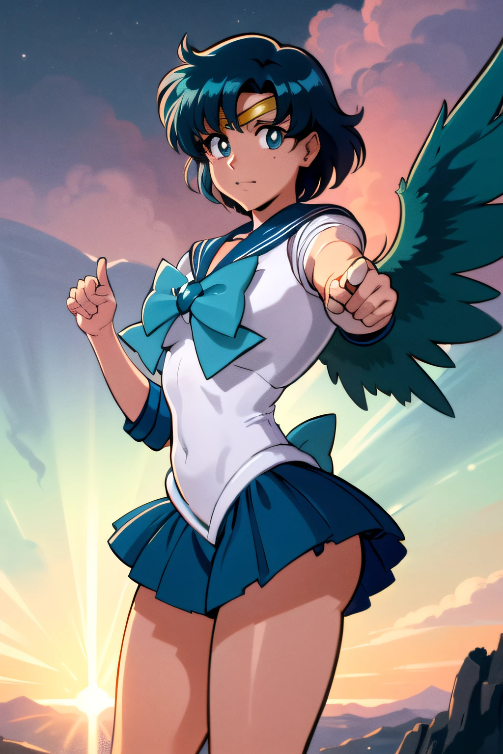 (top-quality:1.3), (masterpiece:1.4),(Anatomically correct), (Full limbs),(complete fingers),(Precise fingertips), (Fine details),(8K),Sailor Moon!!!!!!!!, Sailor Moon Style,by Sailor Moon, Sailor Senshi Uniform,(Sailor Mercury:1.25),aqua eyes, Dark green hair, Middle hair, Photorealista:1.37,hight resolution,Vivid colors,Bokeh,3d rendered,foco nítido,ultra-detailliert,Studio Lighting,Guerrero,fierce look,s Armor,factor,powerful wings,Lightning,Aurora,Stormy sky,Reflective surfaces,ethereal glow,mystical creatures,splash water,dynamicposes,The sword,ancient ruin.(best qualtiy,4K,8K,hight resolution,masterpiece:1.2),ultra-detailliert,(realist,Photorealista,Photorealista:1.37),Exhilarating epic,Extreme fall from height,Heroic Landing,Falling from a great height,breathtaking scenery,action-packed scene,Dangerous tricks,A thrilling adventure,No shoelaces or parachutes,Dramatic expressions,Resilient character,expansive view,Stunning natural beauty,adrenaline,Majestic mountain range,Unpredictable movement,Captivating free fall,The contrast between light and shadow is impressive,Breathtaking images,emotional intensity,Ultimate Conquest,Gravity-defying maneuvers,An unforgettable experience,Resilient landing,powerful impact,A brave journey,Superior resiliency,Feat against gravity,unyielding determination,Amazing courage,Major Impact,Human triumph,Overwhelming prospects,Incredible strength,Vivid colors,intense emotion,High-octane show,A daring adventure,Incredible achievements,Immersive landscapes,Thrilling views,Awe-inspiring moments,(Wide Plan),(Wander the neon streets of the future),Incredibly detailed city.