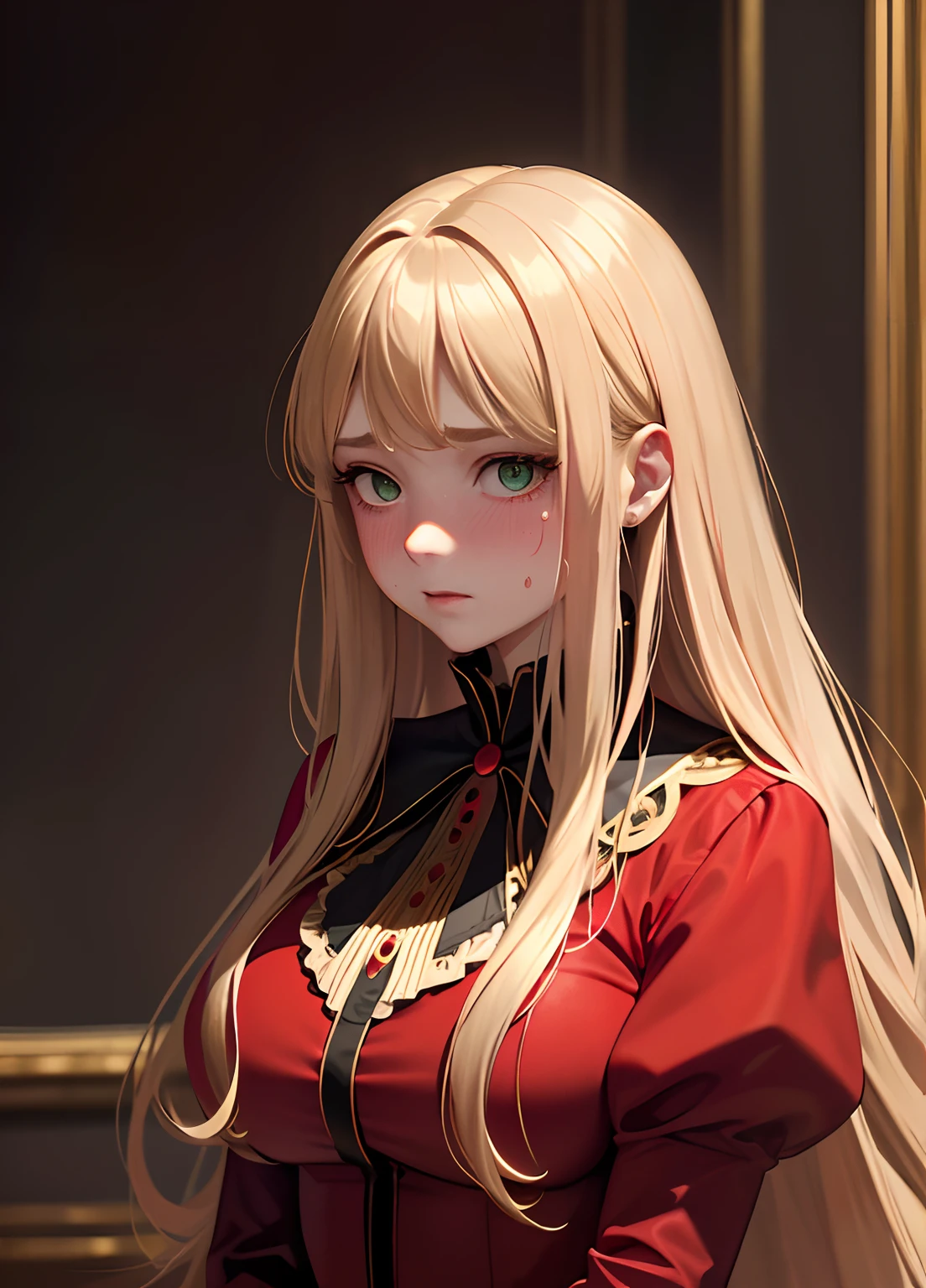 Masterpiece, (highest quality), Alone, (Young Woman), Solo, Blonde Long Straight Hair, (Green Eyes), (red dress), (More face close-up)), (((((historical))))), (ringlets), simple background, (((Red cheeks)), (Sweating a lot), ((Very dark)), (Midnight Room))), large breasts, bangs, dramatic lighting