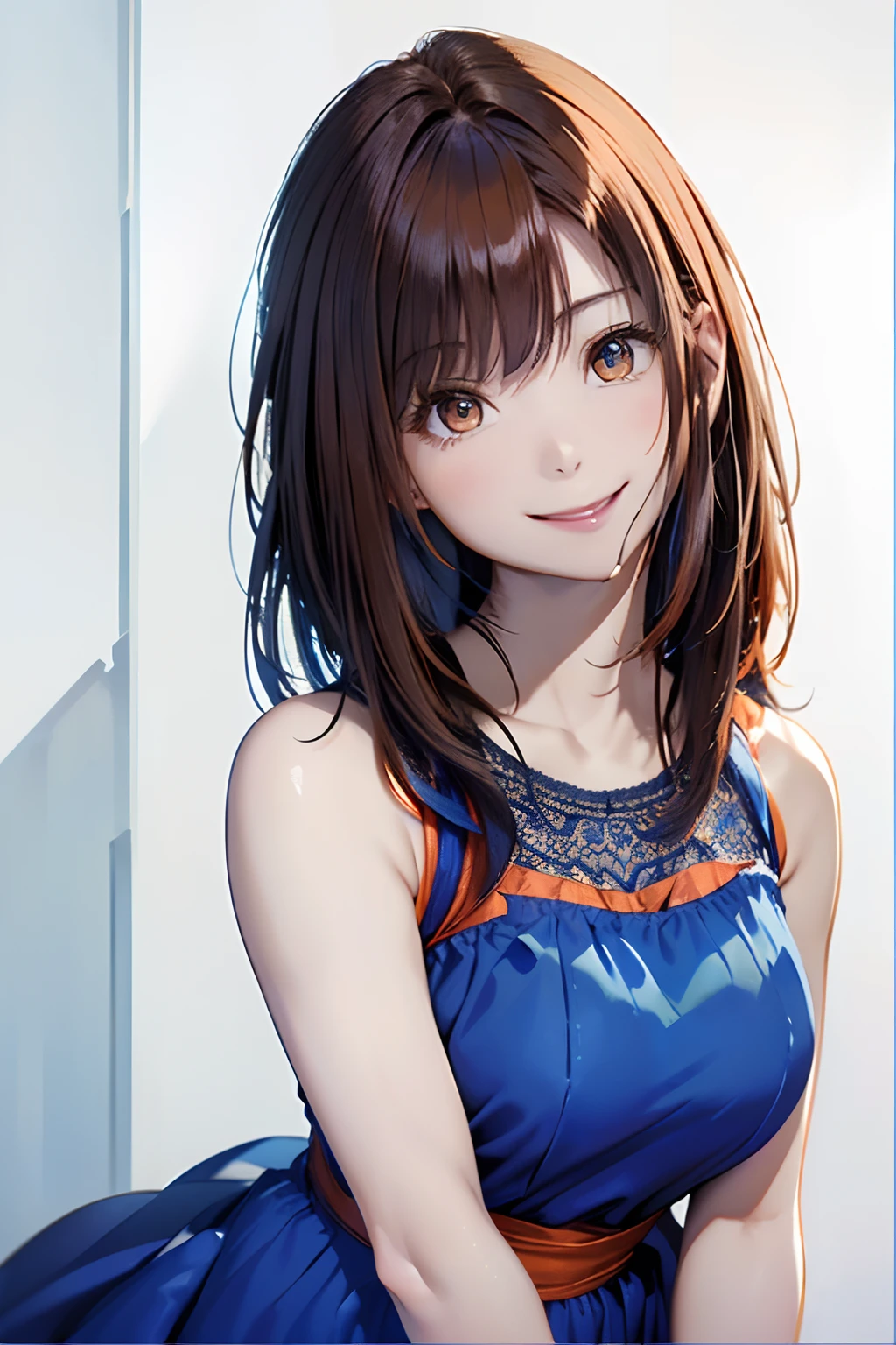 (Tabletop, Highest quality:1.2), （topless,Cowboy Shot), alone, One Woman, Hmph, smile, View your viewers, Put your arms behind your back, Brown Hair, Curly Hair, ponytail, Light blue underwear