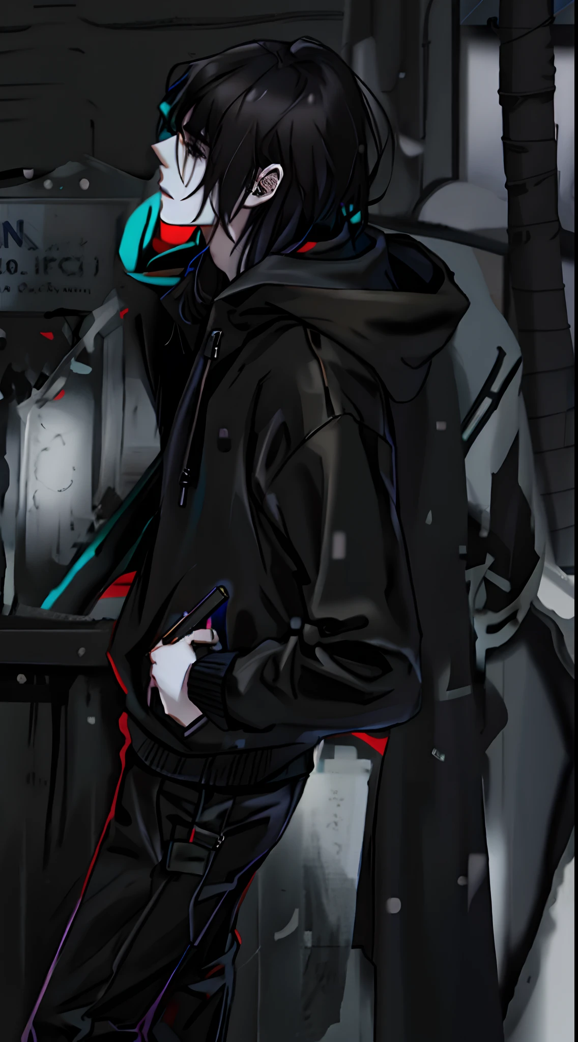 Tall man, pale skin, long straight black hair, black clothes, attractive face, blacksweatshirt coat, black pants, talking on a cell phone, on a cell phone call, standing