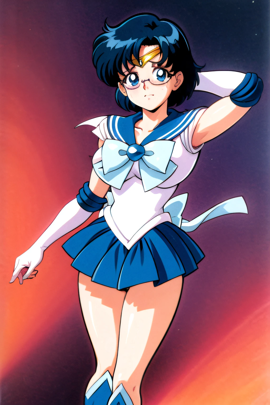 ​masterpiece, top-quality, hight resolution,extremely clear,masutepiece,Best Quality,90s Anime,9 0 s anime,9 0 s anime style,Fine details,anime cels,cel shaded anime,Full limbs,complete fingers,Anatomically correct,Textured skin,Super Detail,high details,awardwinning,,8K,(Sailor Mercury:1.25),Enameled White Leotard, Enamel Blue Boots, Wrinkled boots, Enamel White Gloves, Enamel Blue, a miniskirt,,panties small,(Huge breasts:1.15),Embarrassed and crying expression,Underarm is visible,Cute panties,Skirt flipping,For naughty feelings,(White panties under the skirt:1.15),with shoulder pads,Anime girl with glasses leaning against desk in classroom, Magical_girl