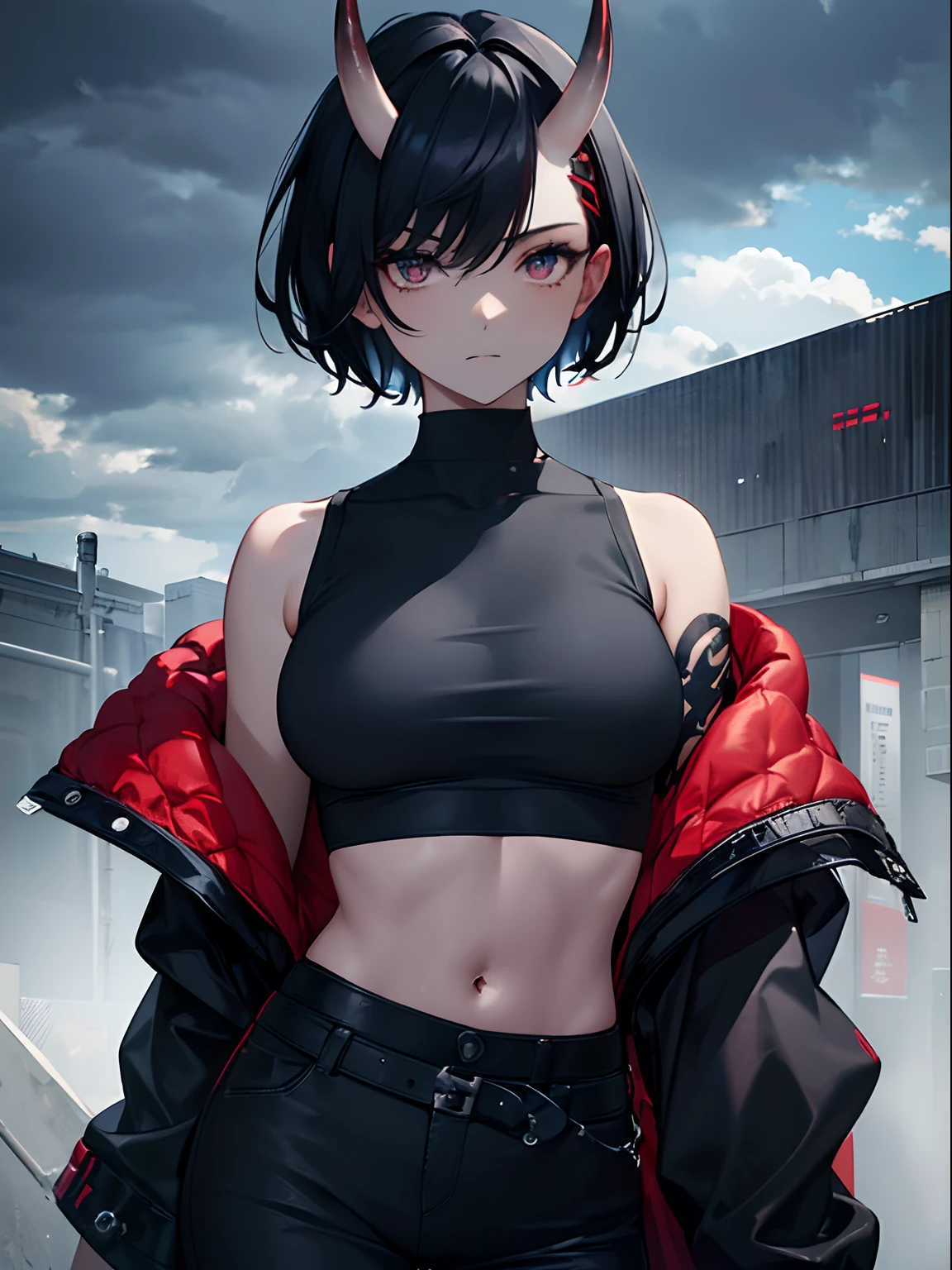 (masterpiece,best quality,ultra-detailed),1girl,red and grey crop top,(dark blue skin),(oni horns),short hair,medium hair,messy hairstyle,black hair, beautiful and detailed, detailed eyes,cloudy, night,(grey theme),looking at viewer
