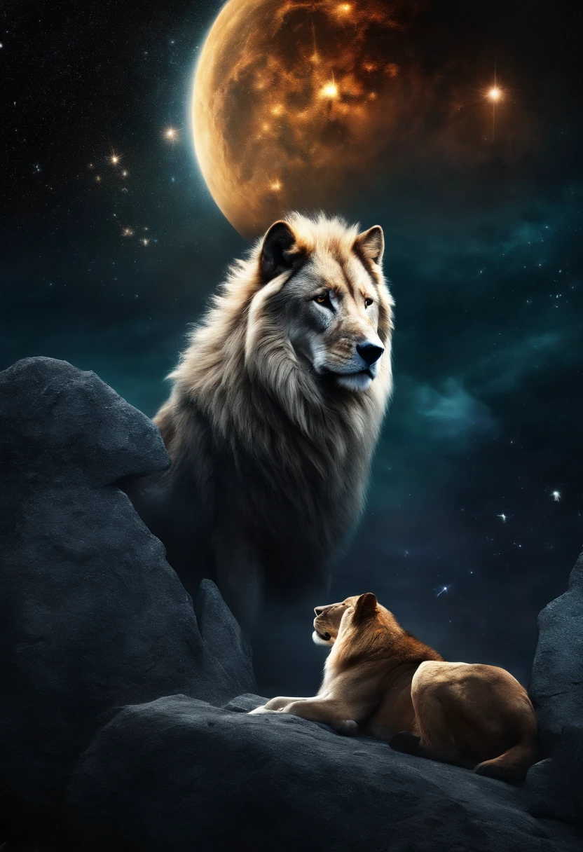 High resolution, bright image, Wolf, lion, horse, space, stars, spiritual, life, death happiness suffering