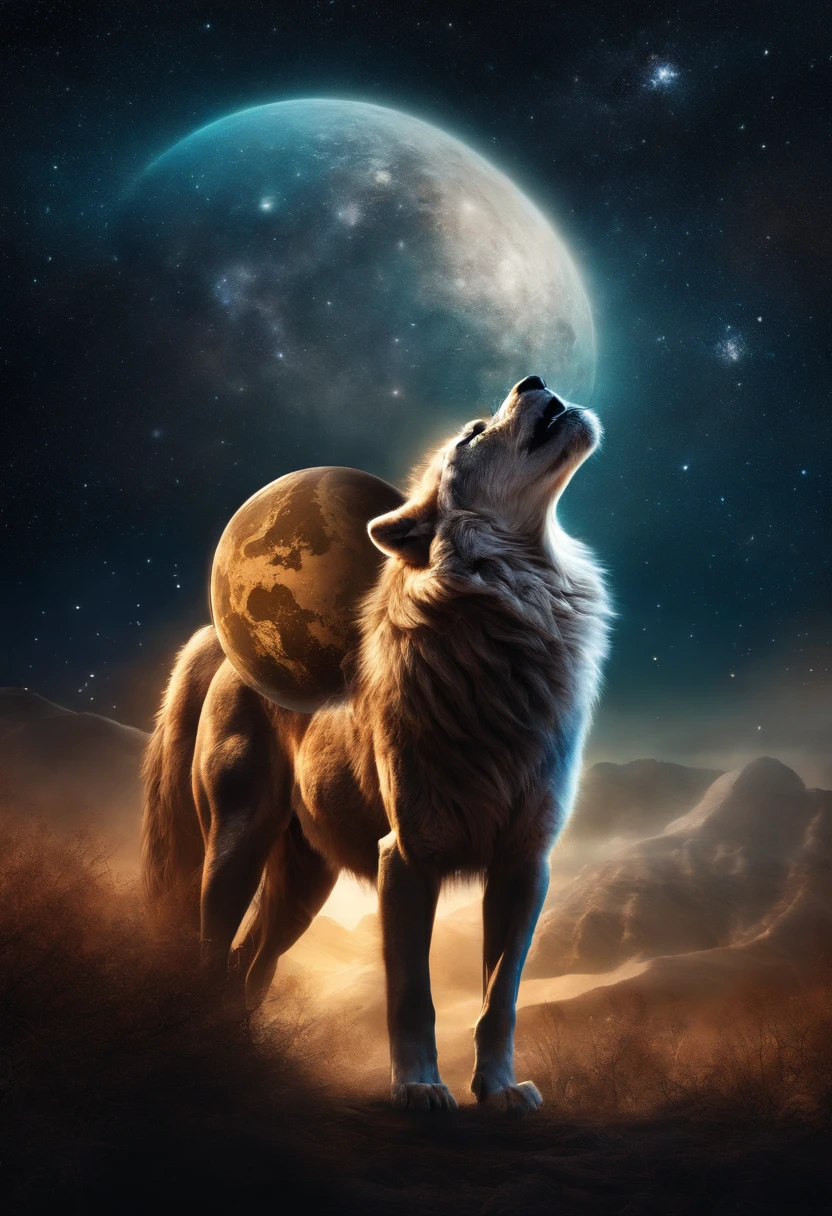 High resolution, bright image, Wolf, lion, horse, space, stars, spiritual, life, death happiness suffering