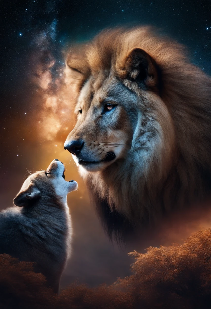 High resolution, bright image, Wolf, lion, horse, space, stars, spiritual, life, death happiness suffering
