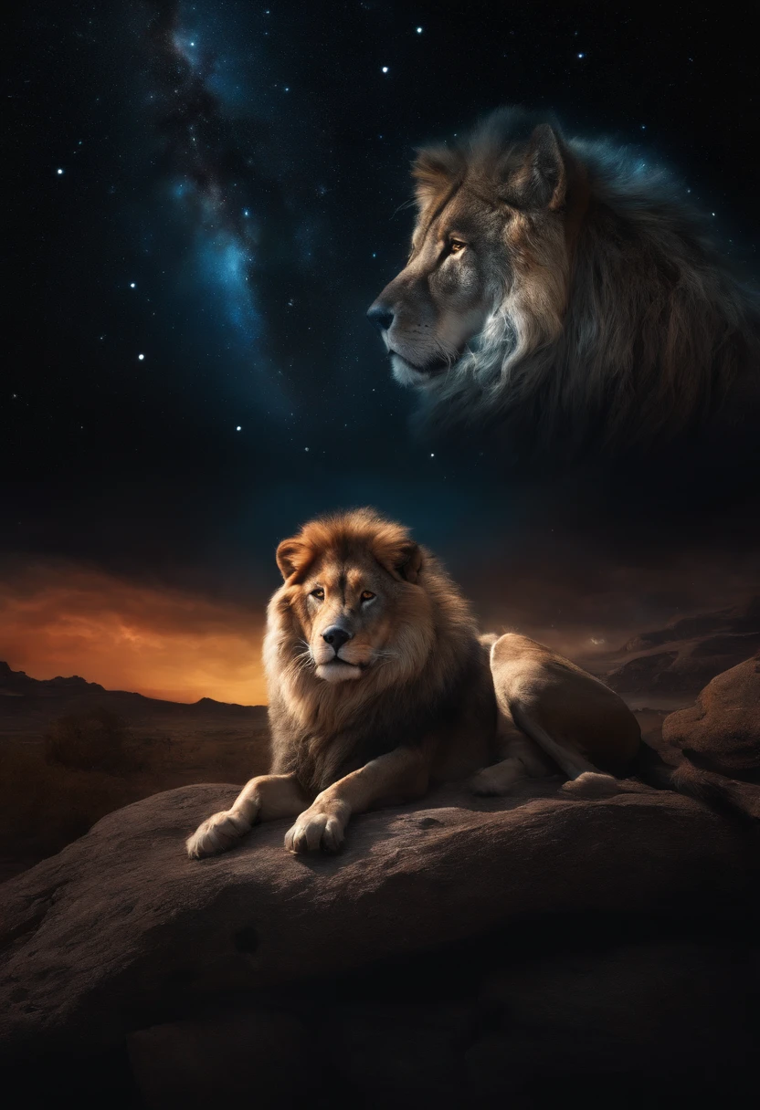 High resolution, bright image, Wolf, lion, horse, space, stars, spiritual, life, death happiness suffering