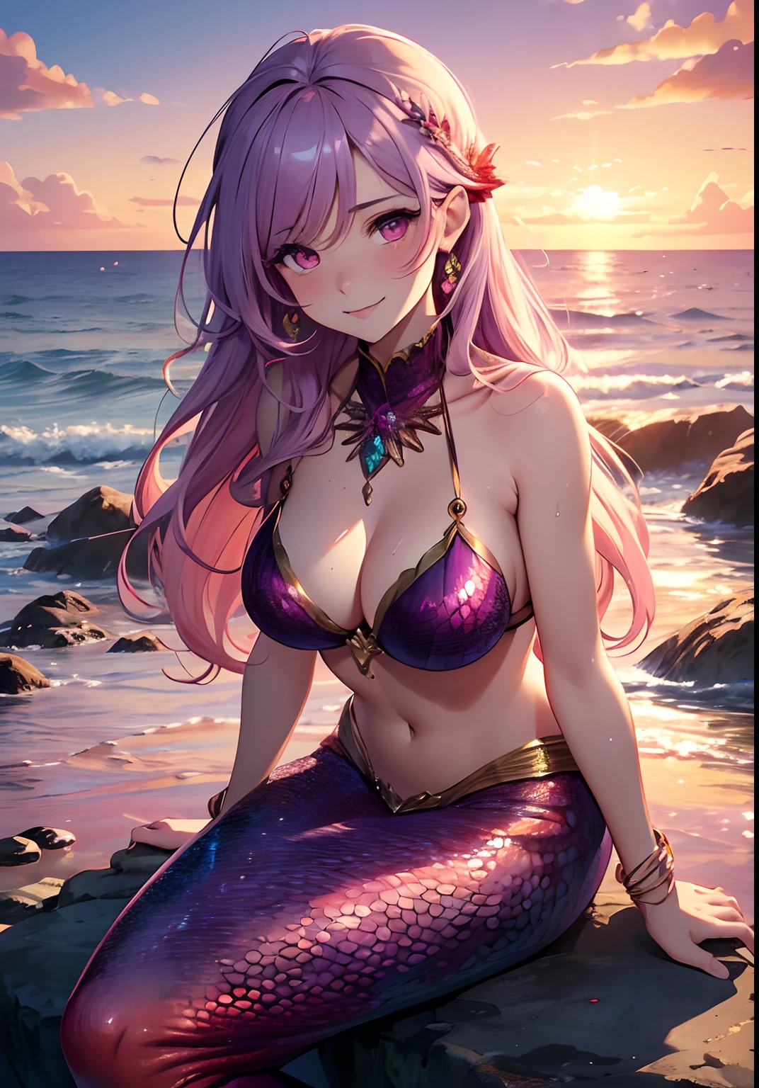 ((Masterpiece, Highest quality)), Detailed face, , full bodyesbian, Full of details, Multiple poses and expressions, Highly detailed, Depth, Many parts,Beautiful mermaid girl,Human fishtail,estilo fantasia,Extremely beautiful,High Balance, Natural light, Water ripples around, white hair, fish features, red eyes, gills, scales, sea shell hair ornament, red jewellery, deep blush, giggling, , sweating, heart in eyes, ((purple tinted skin)), blush, highlights, glossy lips,(mermaid tail)), 4k, high quality, (((long hair))), sitting on rock, looking sunset, candid, cowboy shot, sea, water, waves, corals, dark, stormy