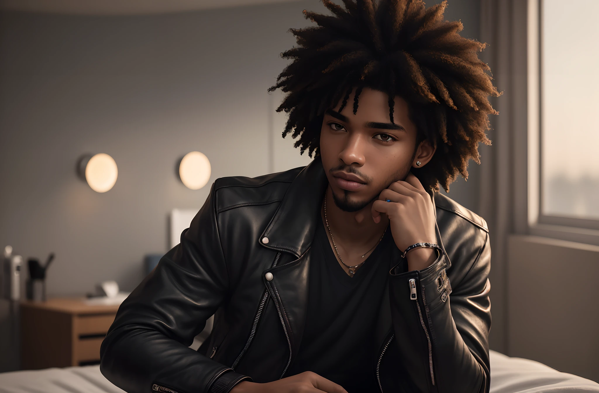 portrait shot, (masterpiece:1.2) (photorealistic:1.2) (bokeh) (best quality) (detailed skin:1.3) (intricate details) (8k) (cinematic lighting) (sharp focus) , sitting on hospital bed, exam room background, a portrait shot of a young guy with black afro ponk hair, wearing a leather jacket, a digital rendering,