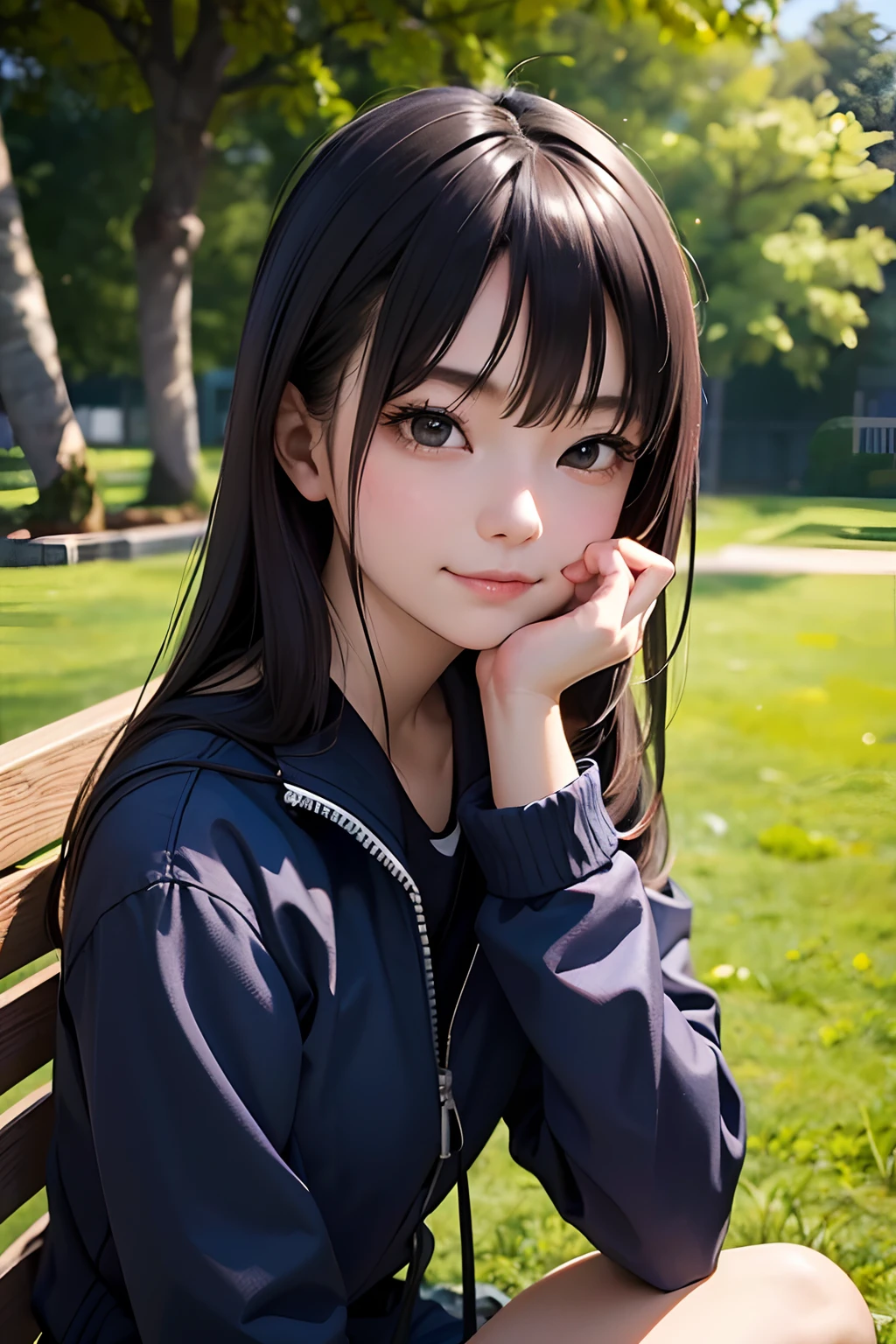 masutepiece, Best Quality, 1girl in, Solo, nffsw, ((20yr old, Japanese face, Japanese actressl)), Long hair, Black hair, Black eyes, Blue jacket, Black gym clothes, (No Expression), Sitting, Outdoors, Sitting on a bench, ((Upper body, Face Focus, Face Close-up)), Smile, tusk,