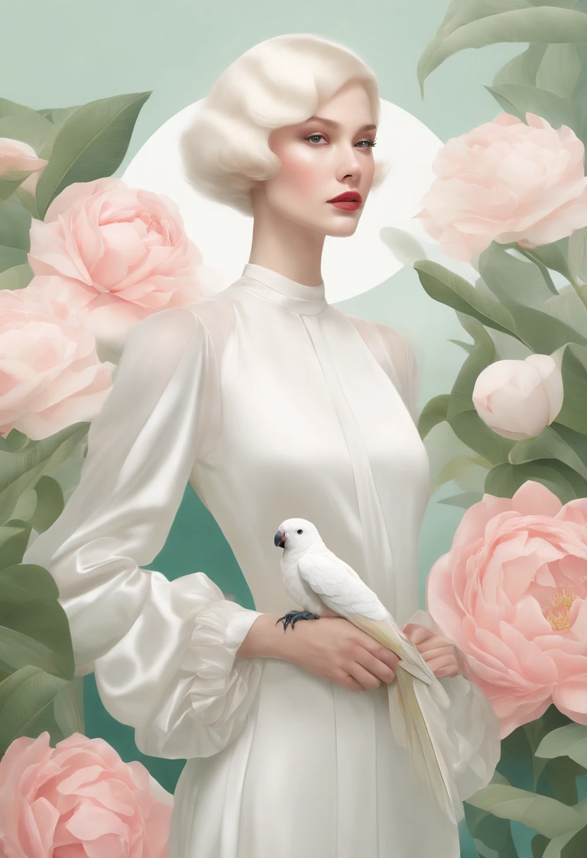 A fashion magazine, Hyperrealistic oil painting, (a pure white parrot), Short hair neutral woman, pink and emerald, Plants cover the background, style of artist hsiao-ron cheng, shiny hair, cowboy shot, Art Deco, Verism, bloom, award winning, retina