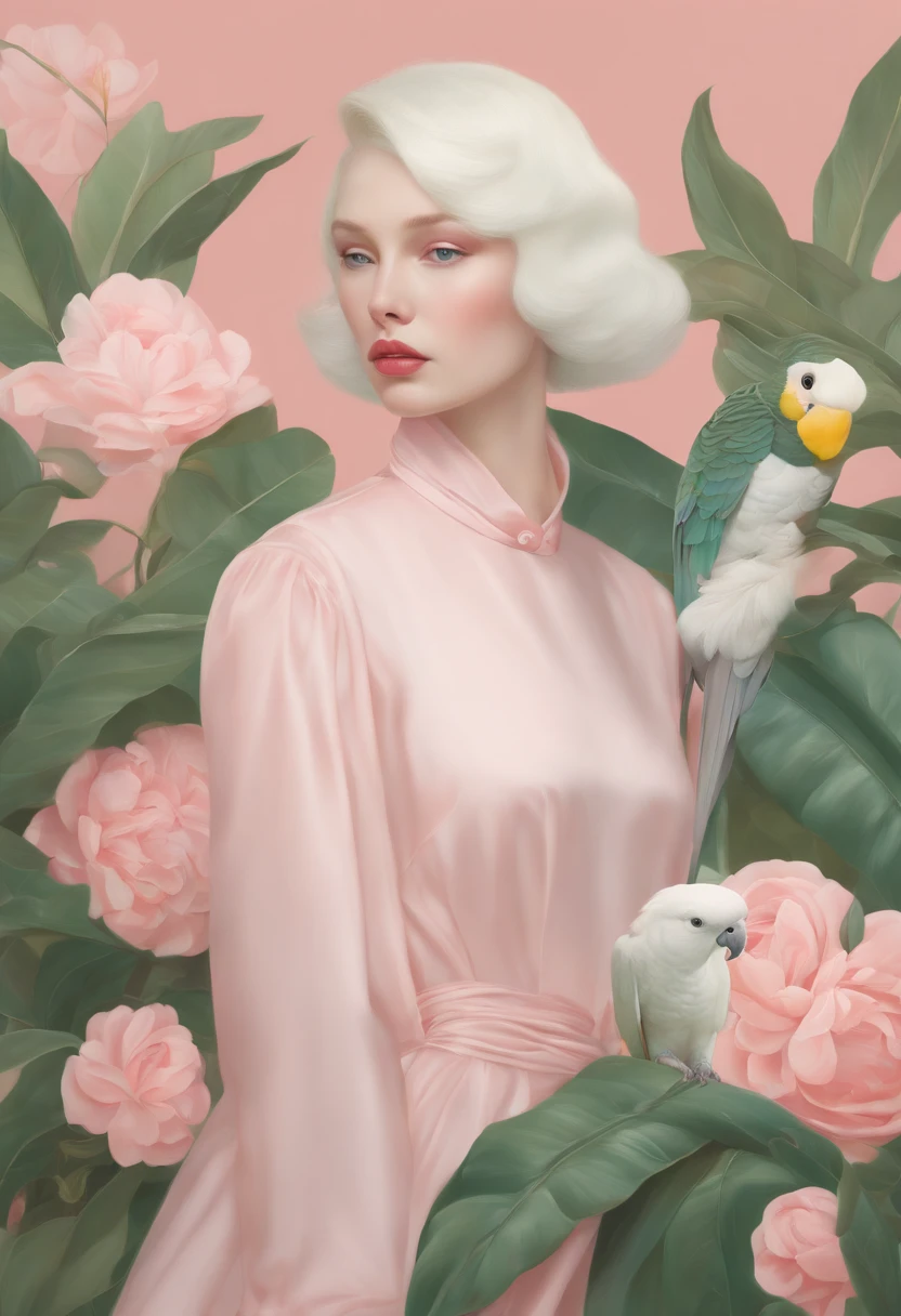 A fashion magazine, Hyperrealistic oil painting, (a pure white parrot), Short hair neutral woman, pink and emerald, Plants cover the background, style of artist hsiao-ron cheng, shiny hair, cowboy shot, Art Deco, Verism, bloom, award winning, retina
