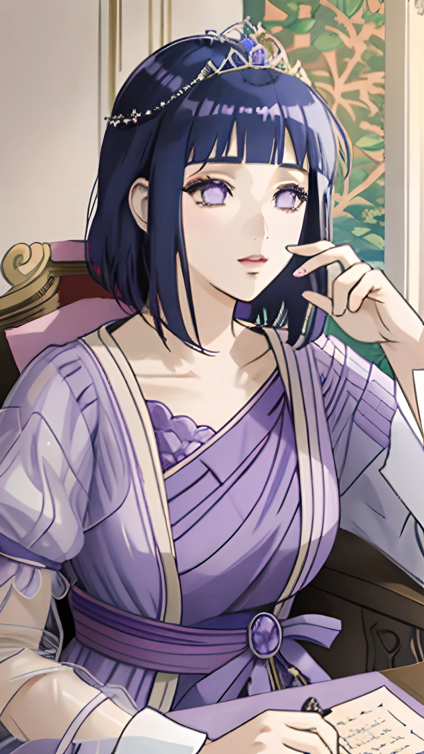there is a drawing of a woman in a purple greece dress sitting on a purple chair, hinata hyuga, ((a beautiful fantasy empress)), anime princess,  in an anime style, lovely queen, a beautiful fantasy empress, dark blue hair, blunt bangs, purple eyes, Greek tiara, short hair