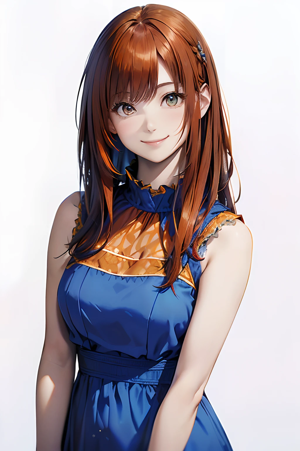 (Best Quality, 8K, Oil Painting, masutepiece:1.2), Ultra-detailed, (Realistic, Photorealistic:1.37), (((bustshot)))、(((Bright orange hair)))、(((Vibrant colors)))、(((Wearing a luxurious blue dress)))、(((upperbody shot)))、(((wearing a blue dress)))、(((２０Women of a certain age)))、(((Wearing a blue dress)))、 (((Vermilion hair)))、(((semi long hair)))、((( White background)))、(((Girly hairstyles)))、(((Wearing a luxurious dress)))、(((In front of a white wall)))、(((Cute smile)))、(((Nothing on the top of the head)))、(((Arms crossed in front of the chest)))、(((Looks like a lot of fun)))