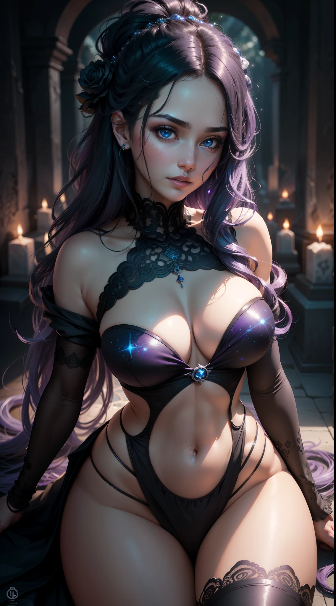 Her hair is a cascade of untamed midnight black.., Shimmering with sparkles of indigo and silver, that resembles the infinite expanse of the night sky. Her eyes are a mesmerizing swirl of deep blues and purples, Like twin galaxies swirling with cosmic energy.More detailed 8K.motor irreal:1.4,UHD,La mejor calidad:1.4, fotorrealista:1.4, textura de la piel:1.4, obra maestra:1.8,obra-prima, mejor calidad,objeto Objeto], (detailed face features:1.4), (cementerio oscuro:1.4)