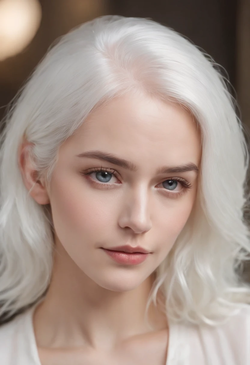white hair, white eyes, sparkling eyes, closed mouth, Classicism, cinematic lighting, film grain, ray tracing, cropped, close-up, Sony FE GM, 4K