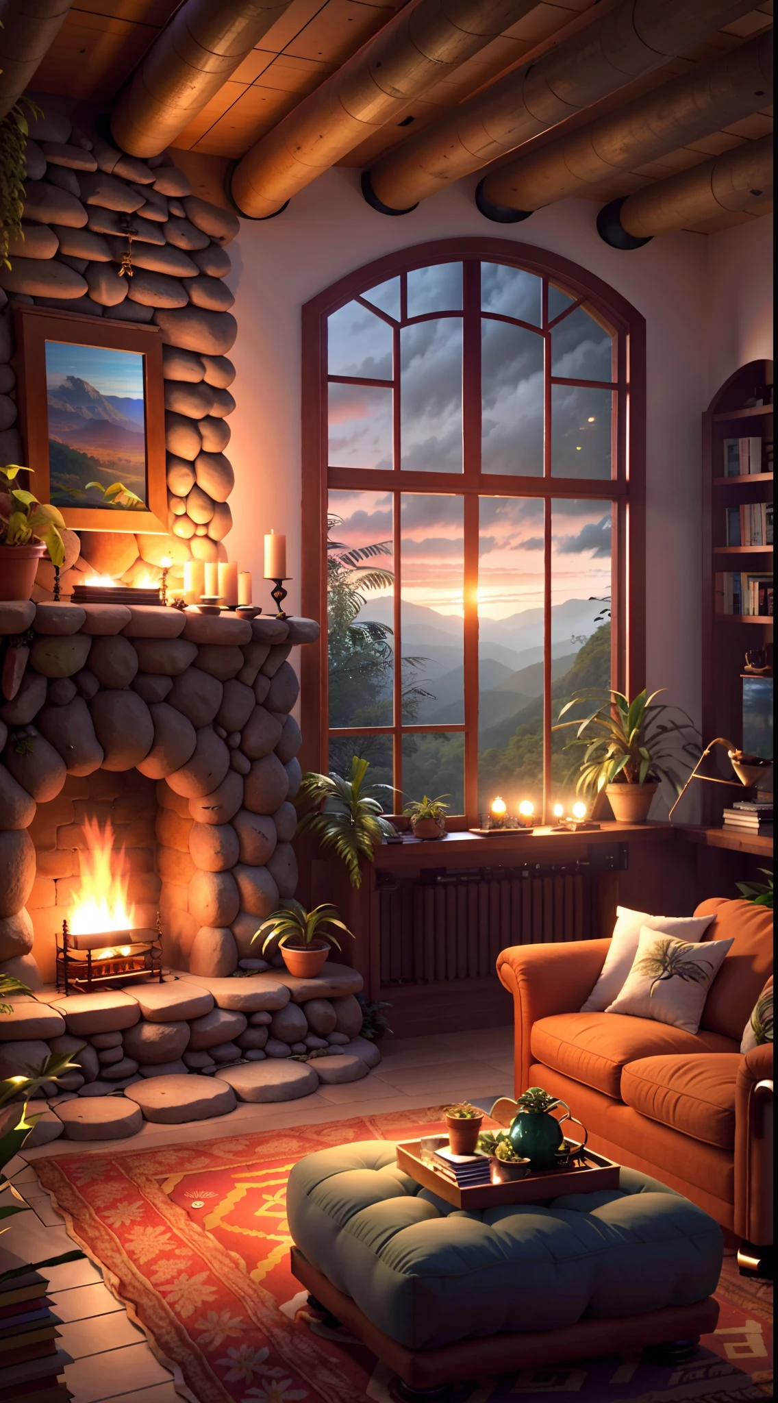 Sala de estar com vista para uma montanha e uma floresta, mountainous jungle setting, jungle setting, Como uma cena de Blade Runner, magical ambiance, pintura escura ultrarrealista, em um ambiente de selva, pleasant environment, floresta nublada, Selva bonita, ambiente mal-humorado, Selva exuberante, Inside an alien jungle, Plantas e selva, montanhas da floresta tropical, ambiente relaxante