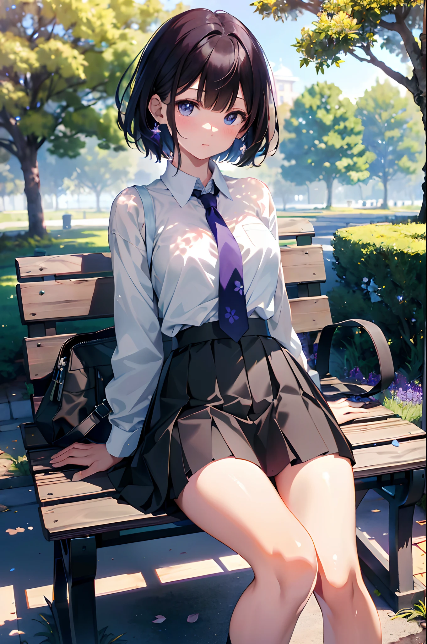((masterpiece, super detailed, fine detail, top quality, illustration)), blue sky, 20-year-old woman, beautiful woman, beautiful wet black hair, bob cut, beautiful red eyes, close-up, wet white shirt, tie, checked miniskirt, black socks, black shoes, a lot of hydrangea, rainbow visible, whole body, smile, looking up at the sky, squatting, white underwear,