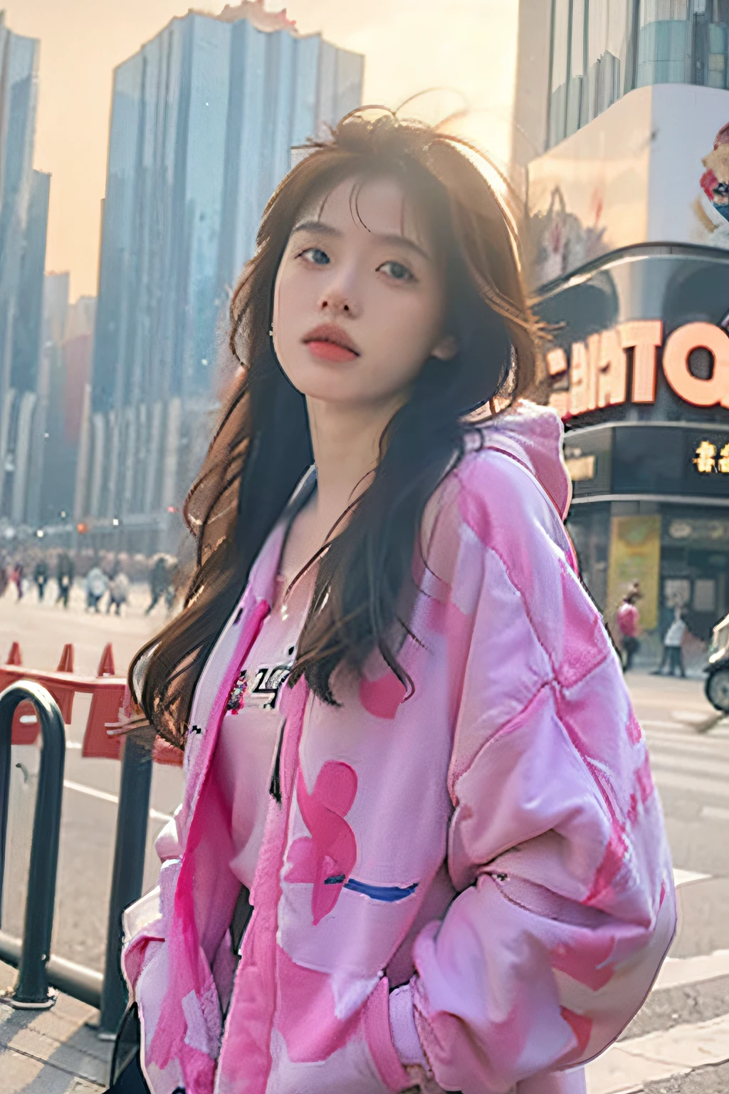 (best quality,4k,8k,high resolution:1.2),Ultra - Detailed,realistic,photorealistic:1.37,Ponzi hair, small breasts, ((Ahegao:1.37, eyes crossed)), Like:1.8, long hair, long shot, long jacket, full body shot, hoodie inside the jacket, times square NYC background, nighttime