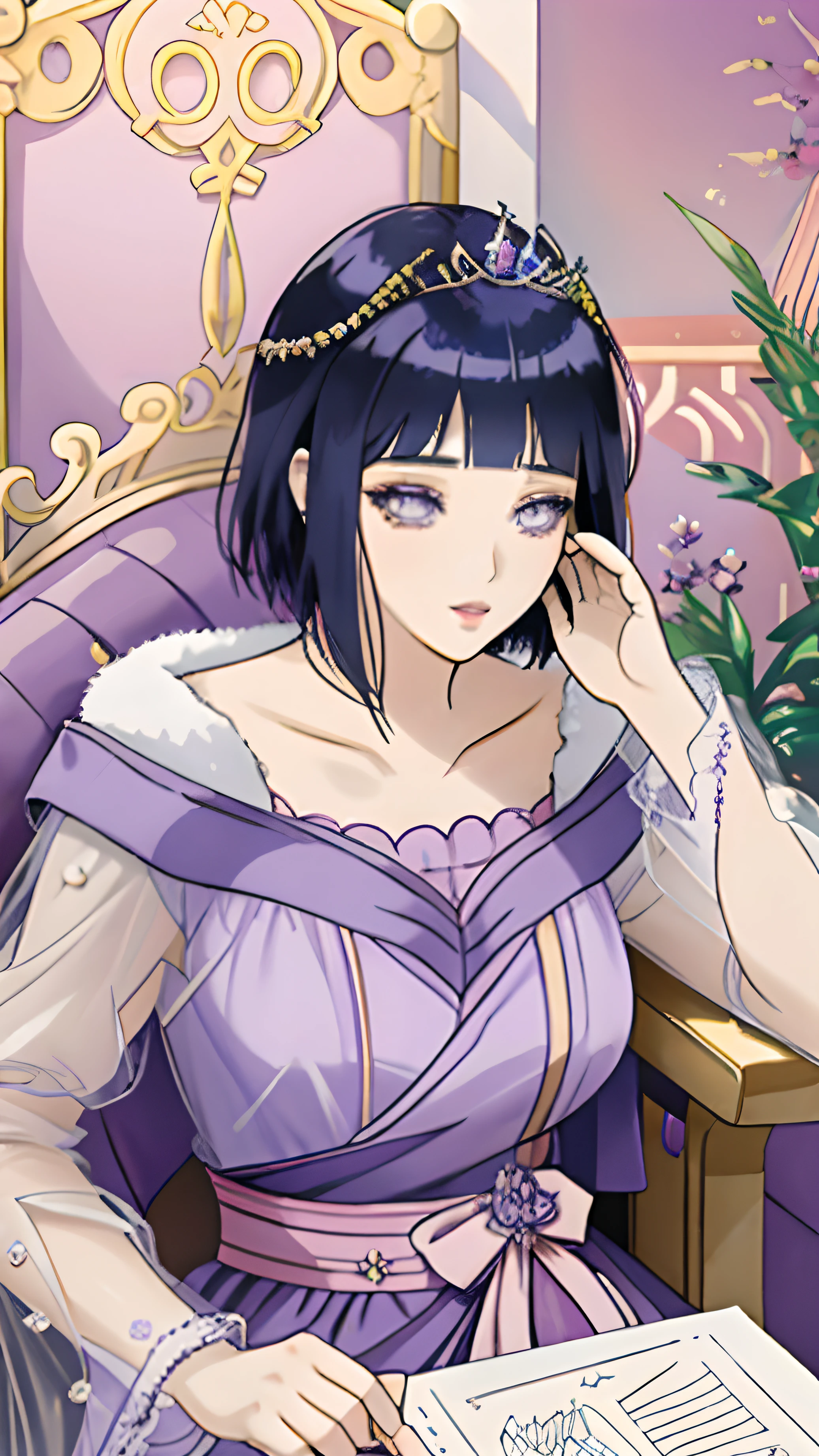 there is a drawing of a woman in a purple greece dress sitting on a purple chair, hinata hyuga, ((a beautiful fantasy empress)), anime princess, in an anime style, lovely queen, a beautiful fantasy empress, dark blue hair, blunt bangs, purple eyes, Greek tiara, short hair