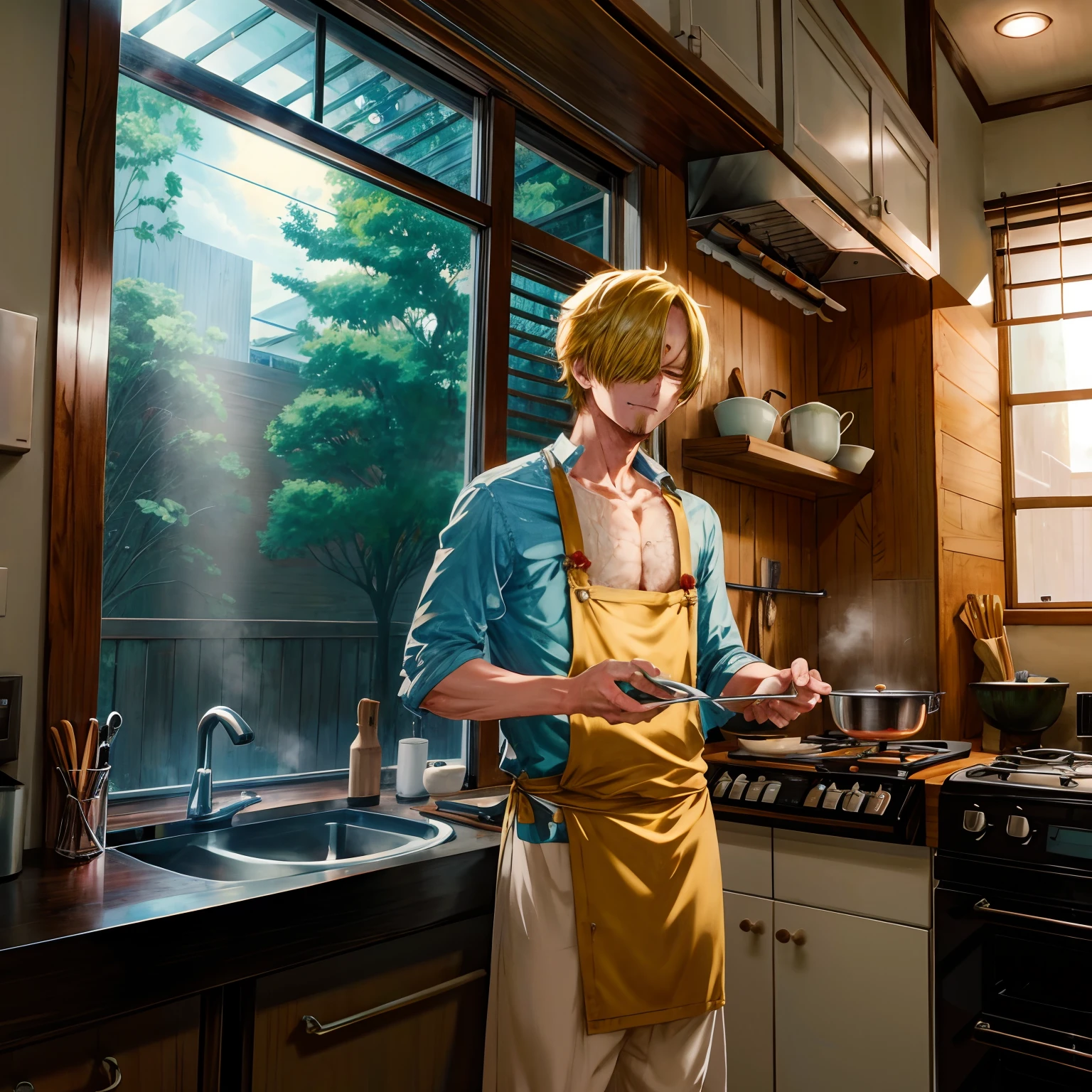 Sanji 2、kitchin、dining、Cooking rice、kitchin、pans,naked