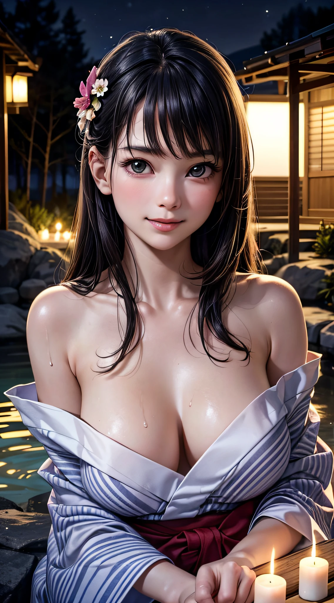 1girl, extremely cute face, Amazing face and eyes, (highly detailed eyes, highly detailed face), Fresh, very clean appearance, (hyper-realistic, hight resolution), (best Quality:1.4), Raw photo, (Realistic, Photorealsitic:1.37), Professional Photography, Cinematic Light, (floral pattern yukata:1.25), (amazing big breasts:1.1), (open yukata), (bare shoulders), Smile slightly, Staring at me, outdoor, Hot springs, (open-air bath at night:1.5), (dark forest), trees, rocks, lantern light, candle light,