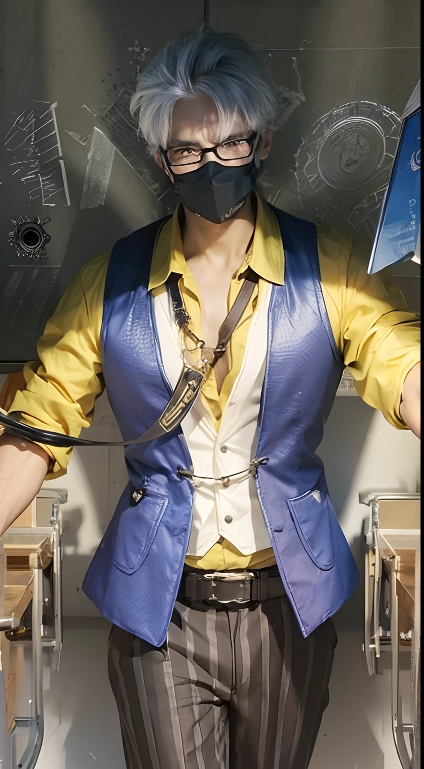 8K, ultra realistic, sky background, 1 man, white eyes, gentleman, adult man, ninja masker, glasses , detailed eye