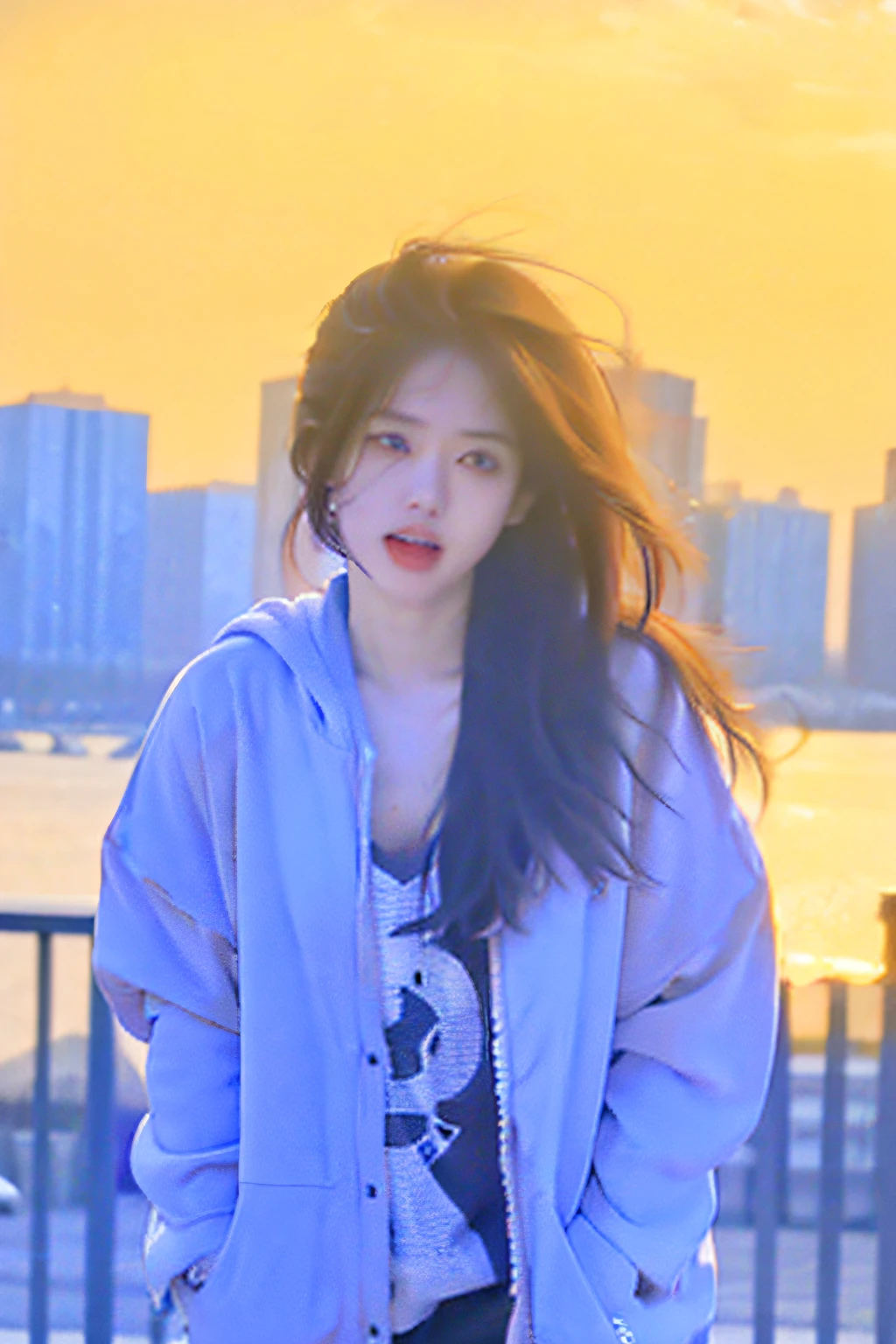 (best quality,4k,8k,high resolution:1.2),Ultra - Detailed,realistic,photorealistic:1.37,Ponzi hair, small breasts, ((Ahegao:1.37, eyes crossed)), Like:1.8, long hair, long shot, long jacket, full body shot, hoodie inside the jacket, New York City background, night time