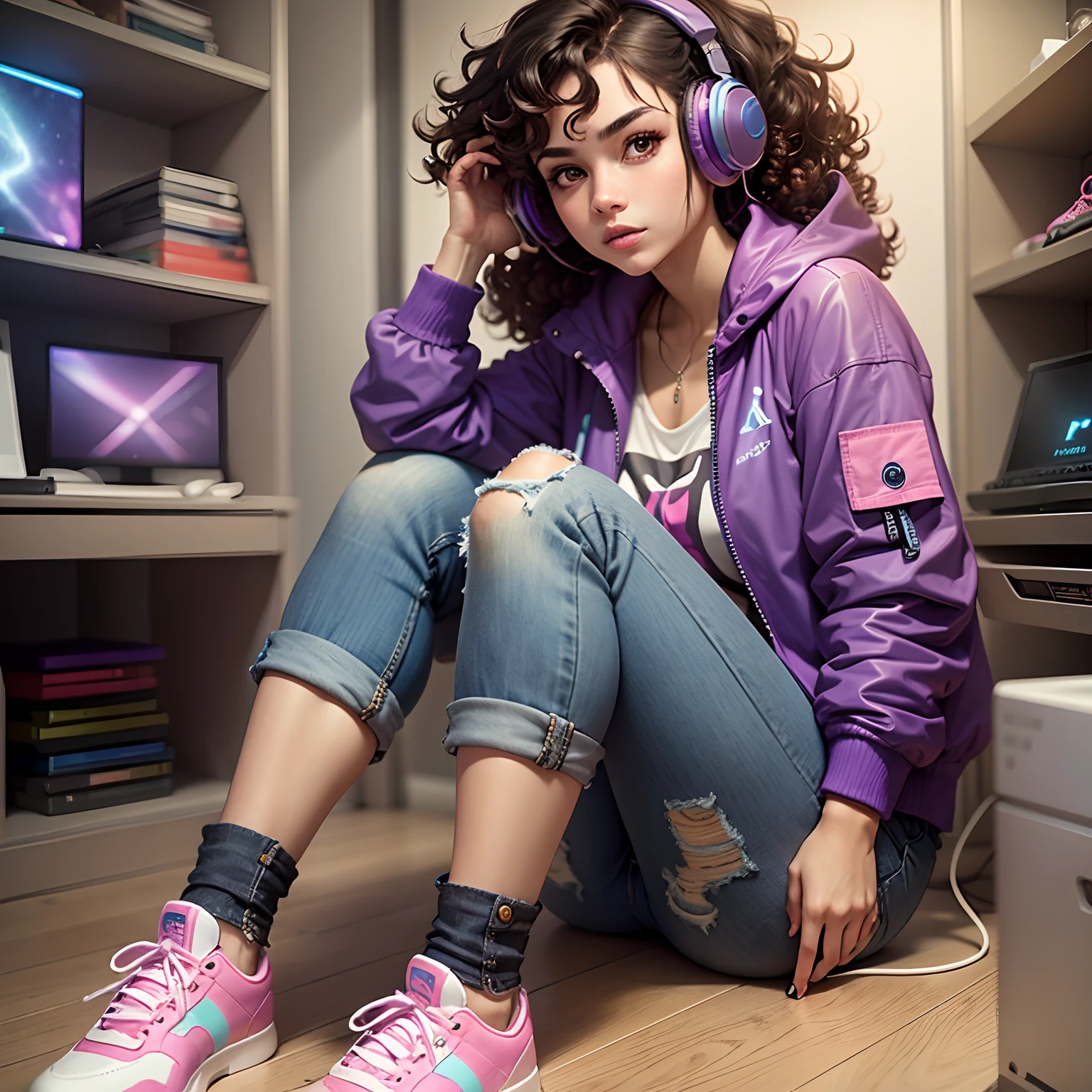 arte, Woman with medium curly hair wearing a purple jacket and jeans, Pink sneakers and headphones with detailed brown eyes in a gamer room, com controle de playstation no meio de uma galaxia