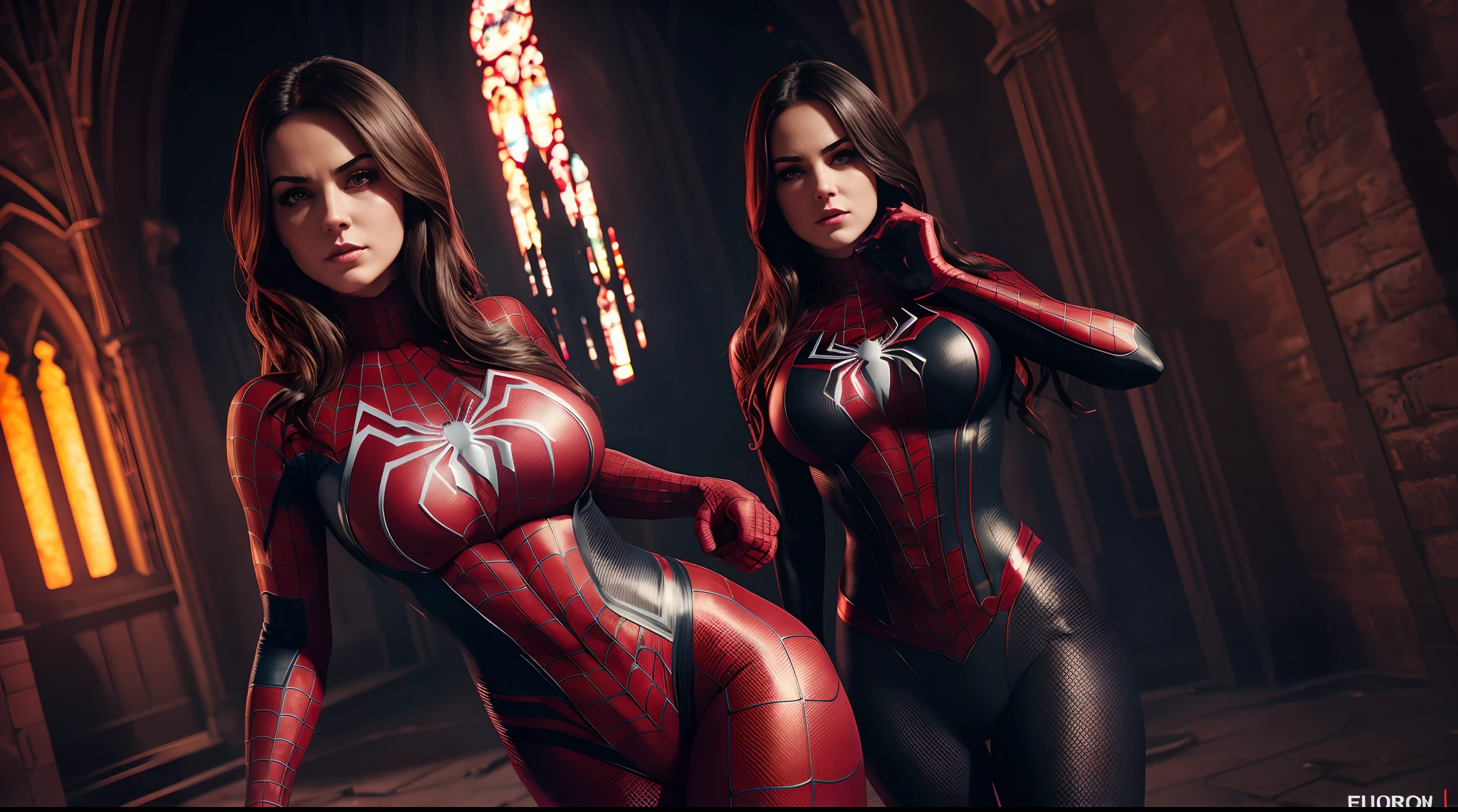 Sexy woman in a Spider-Man costume (in a suit with a boob cutout), dark, horror, red tones, gothic church in the background, ultra realistic, horror movie lighting, scary, chaos, neon lights in the background, realistic, dark, huge breast, Fujifilm Fujichrome Provia 100F movie, flashlight, ultra realistic, 8K UHD.