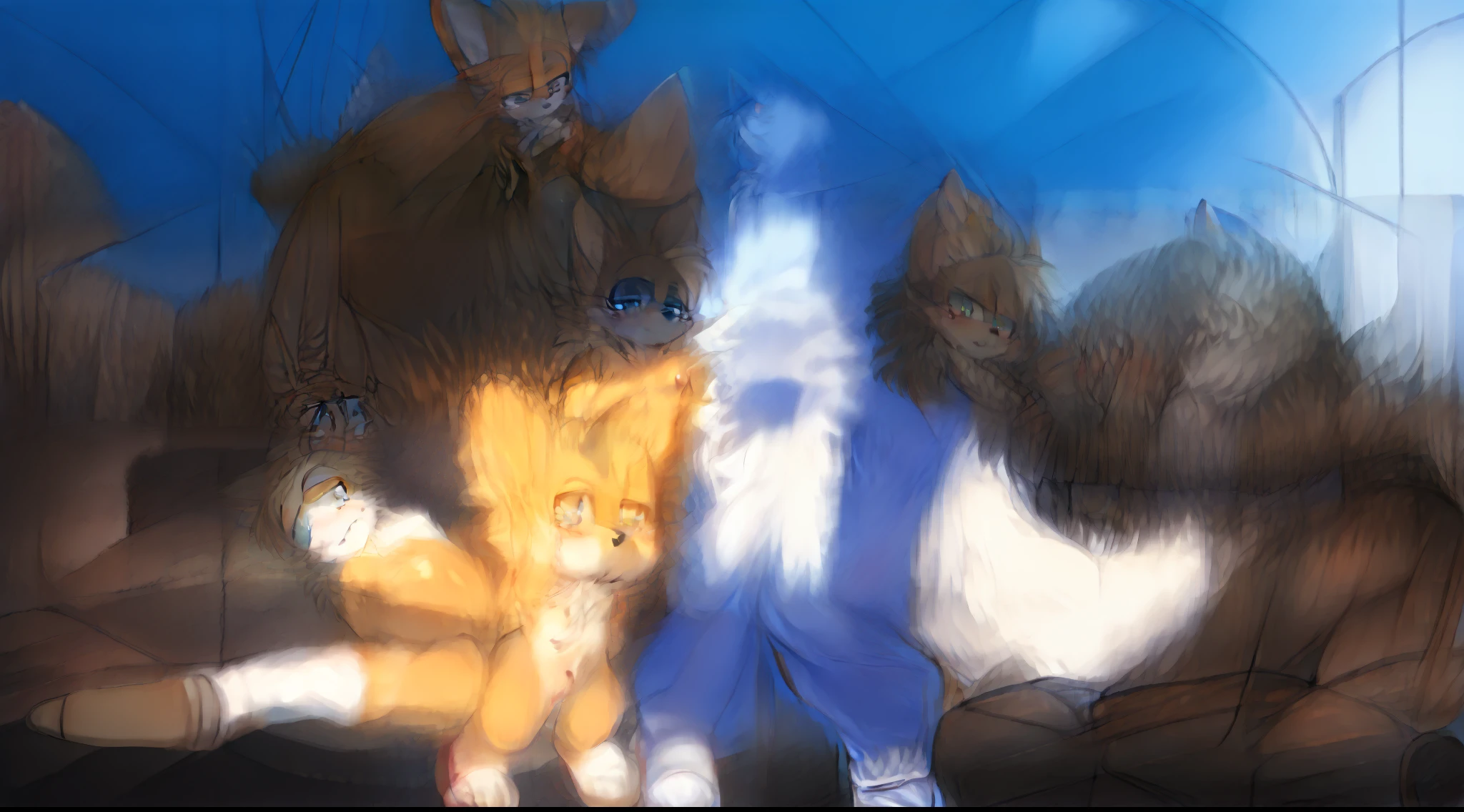 There are two cats that are standing next to each other, peludos usando caudas, caudas desgastadas, Cidade Kitsune colorida, sfw version, furafinidade peluda, anime peludo, patas peludas peludas, arte peluda muito bonita, Sora como um gato, pele laranja fofa, de sonic, santos fileira fursuit caudas mod, Arte peluda!!!, alguns laranja e azul