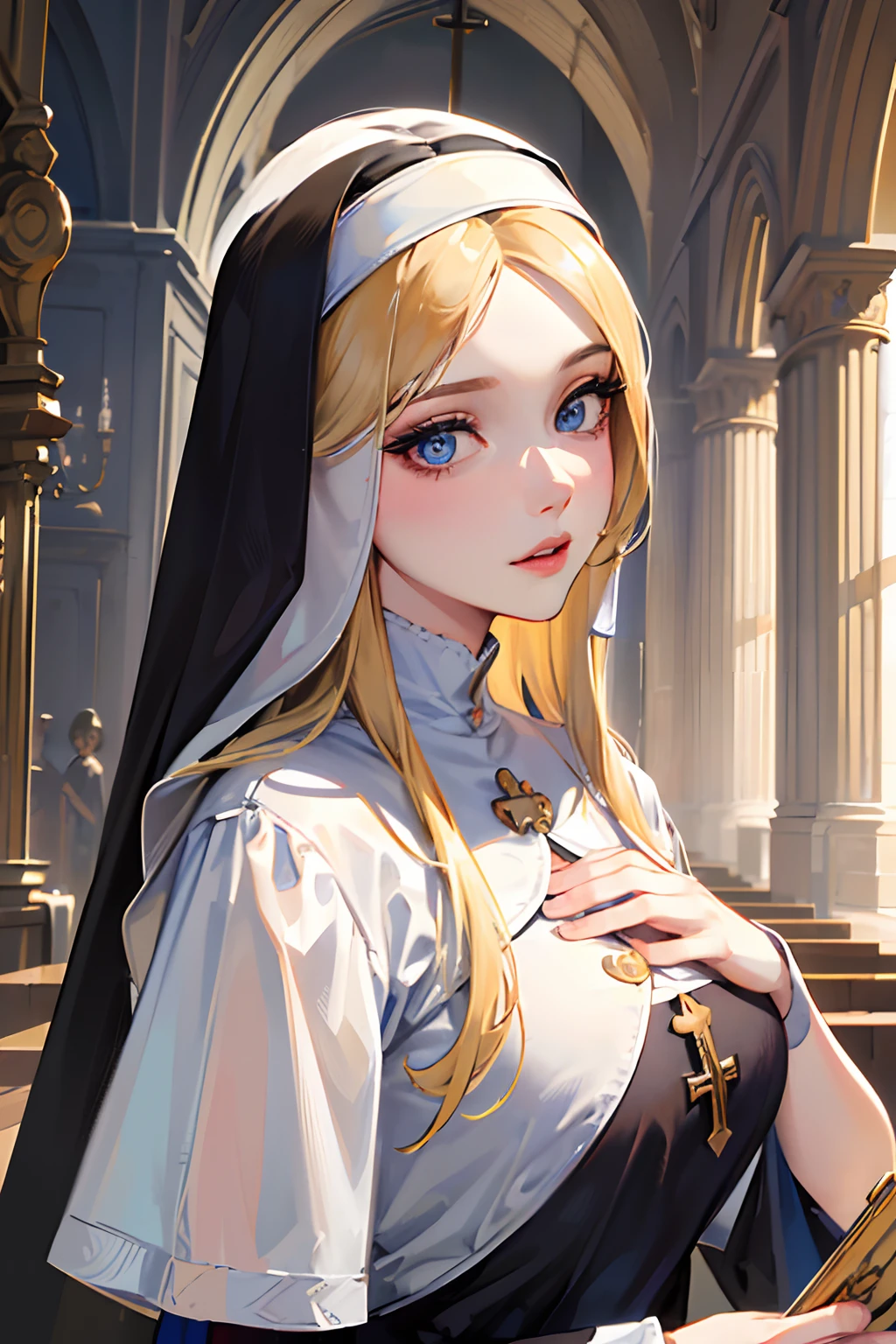 (best quality,4k,8k,highres,masterpiece:1.2),ultra-detailed,realistic,beautiful detailed blue eyes,beautiful detailed lips,extremely detailed face,long hair,1girl,beautiful blonde girl,wearing a nun's outfit,cute,attractive,church, retrato, detailed eyes