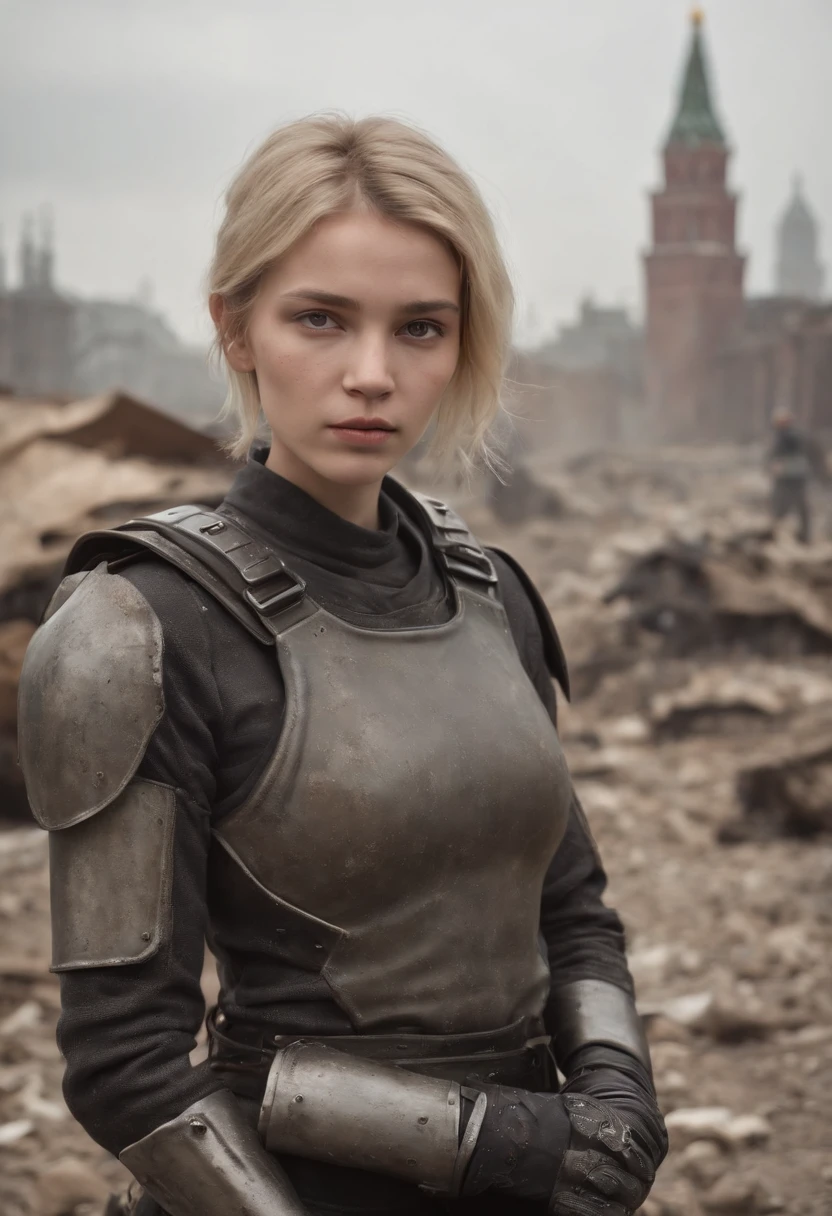 Russian girl ,Blonde Dirty Short Hair, dusty face, Clad in the Armor of the Future, Against the backdrop of a desolate post-apocalypse, Ruined Moscow, Ruins of the Kremlin, AR-16 rifle in hand, the wind, Dust, Destroyed buildings, Carcasses of burnt cars, Oppressive atmosphere, Dirty skies, photo realism, sharp-focus, Human bones and skulls are scattered on the ground, garbage heaps, Wreckage of buildings,fallout,Photo 3/4, Realistic Facial Skin, Dust on clothes, Oppressive atmosphere,View 3/4,