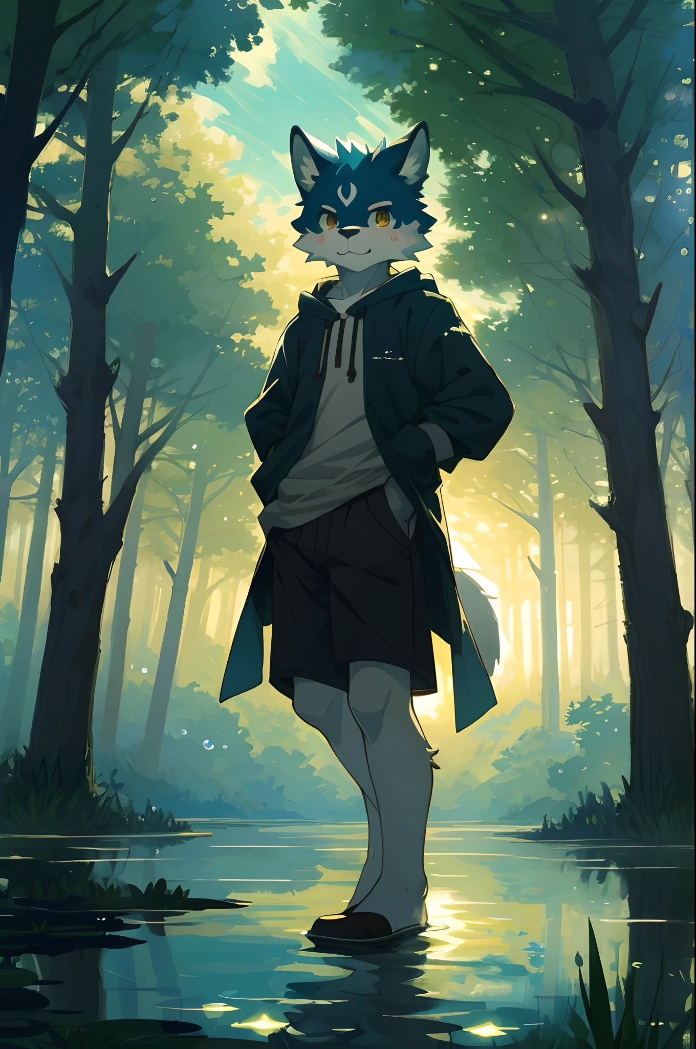 High-quality illustrations by Claude Monet, cover_page, highres, absurdres, detailed background, lake, dawn, detailed forest, clouds, Mysterious and romantic atmosphere, caustics surface(refraction, polarization)perfect anatomy(cute 1boy, single, kemono, solo focus, boy)volumetric lighting, Wet clothes, Water droplets(furry anthro)(very detailed body fur)full body, soft and delicate color palette, dramatic composition, deep shadow, dynamic lighting,